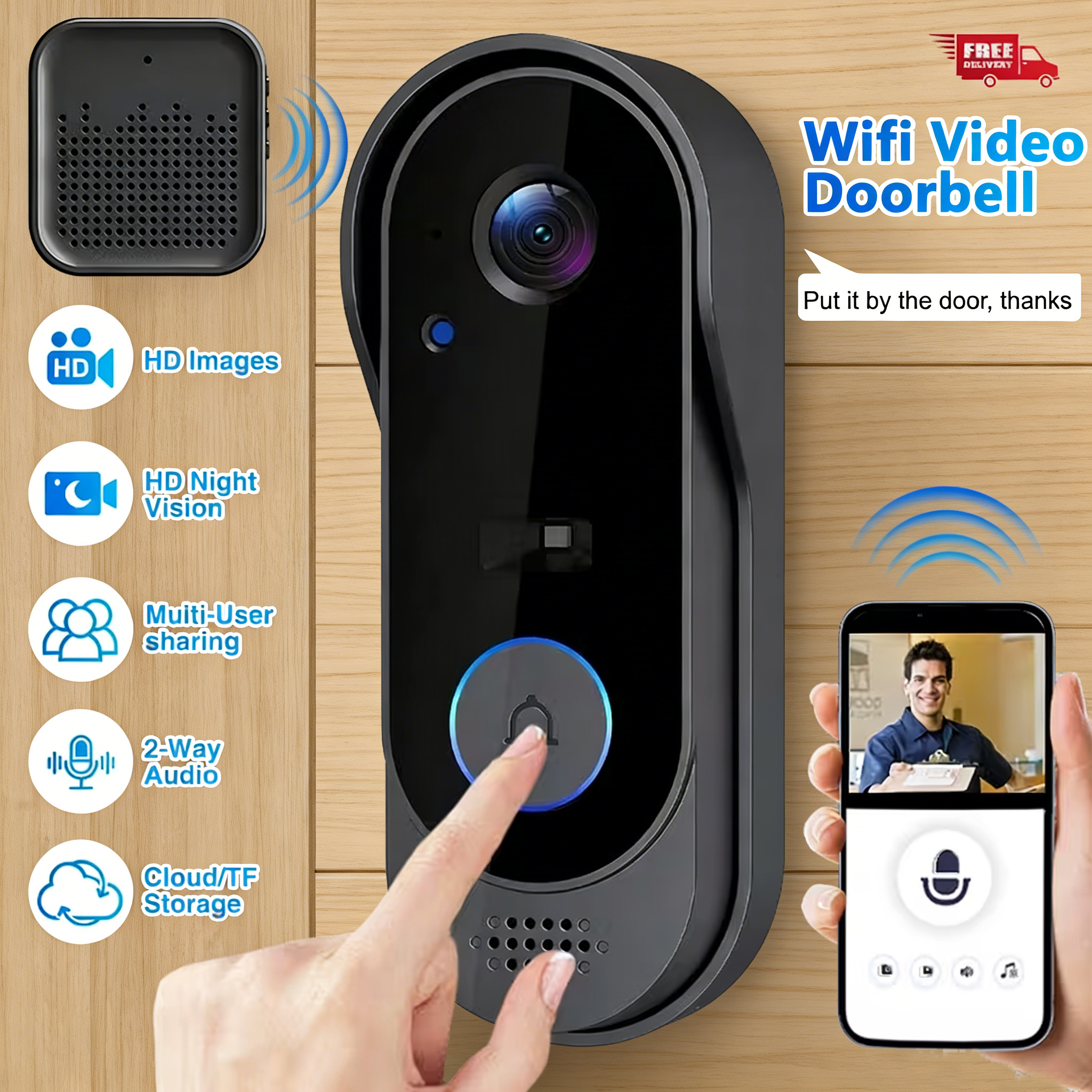 1080 p wireless wi fi video doorbell camera smart   with chime 2 4g wifi only smart wifi video doorbell camera security wireless camera with   two way audio 3000mah battery real time notifications cloud storage   use modern doorbell design durable build quality commercial security solution for   apartments offices hotels