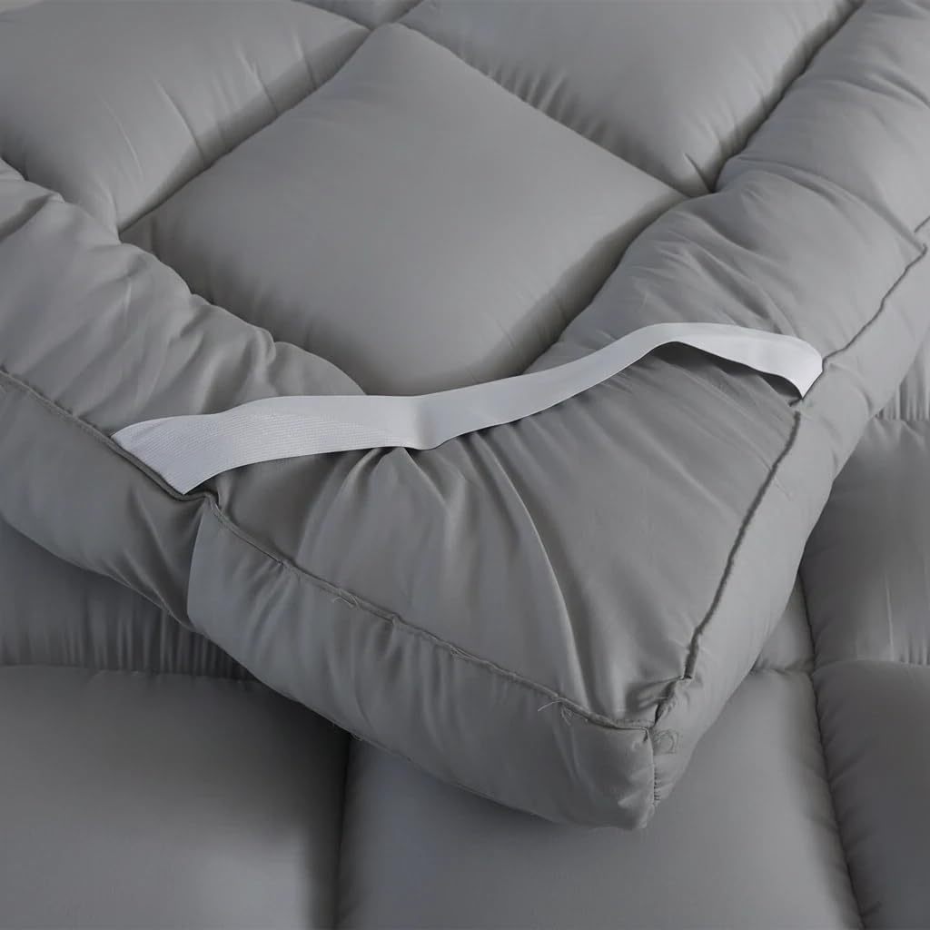 ELAFY Grey 10cm High Loft Mattress Topper | Hotel Quality, Super Soft & Brushed Microfiber Top with Hollowfiber Filling | Elasticized Corner Straps fits up to 40 CM