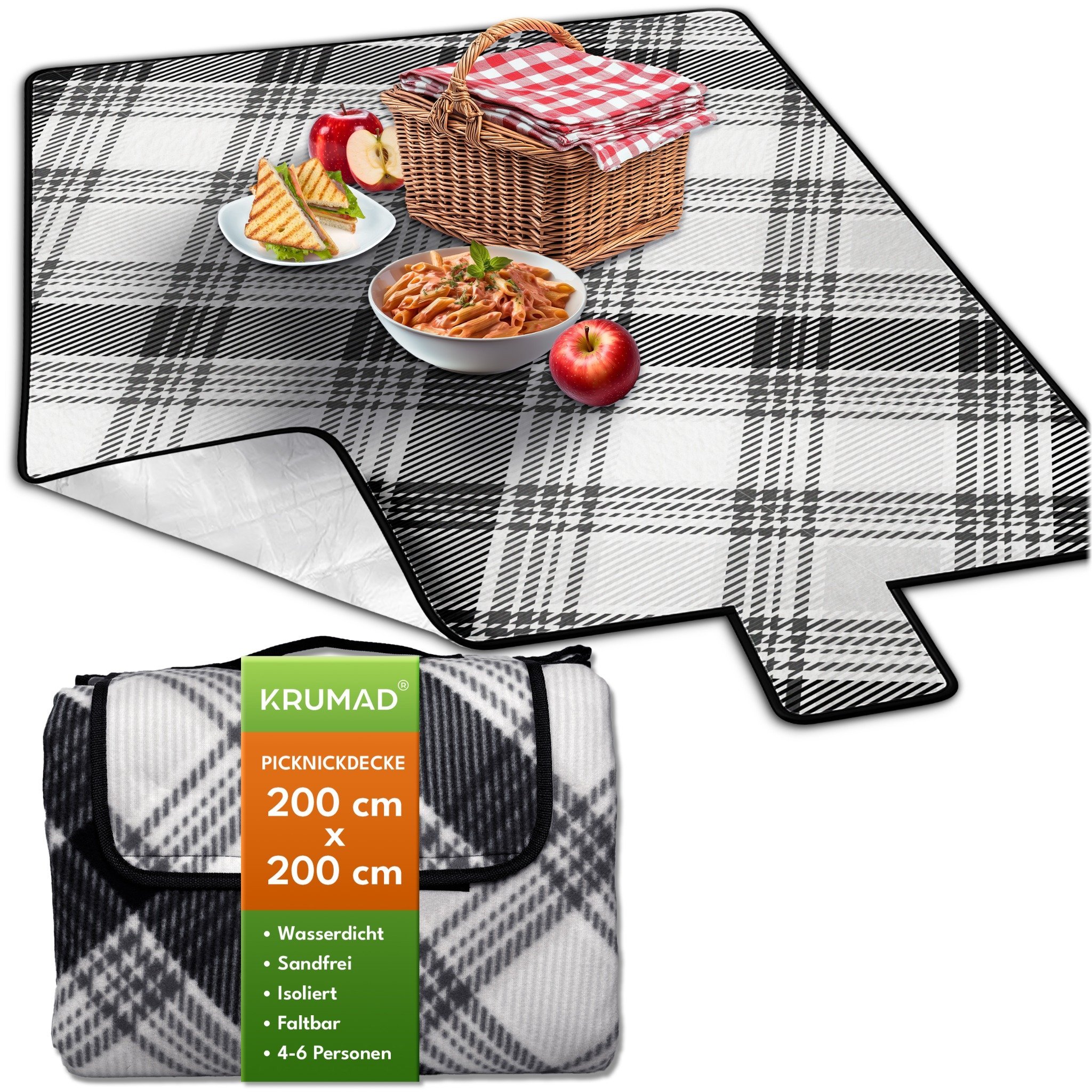 Image of Xxl 200 X 200 Cm Insulated Checkered Picnic Blanket For Beach, Camping, Garden, And Travel – Waterproof Bottom, Perfect For Outdoor Use