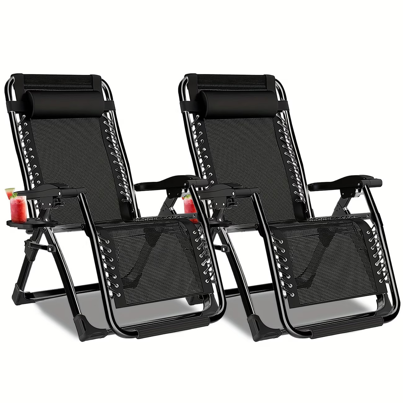 TEMU Portable 0 Folding Lounge Chairs, Set Of 2 Garden Loungers With Cup Holder Trays And Adjustable Pillow, Heavy Duty Reclining Chair For Beach