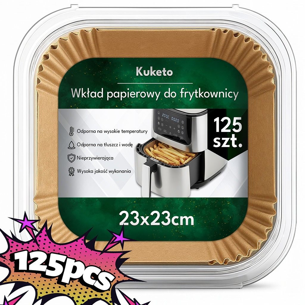 TEMU Kuketo - Rivestimenti per Friggitrice ad Aria, 125 Pezzi, 23x23 cm, Stampi Monouso per Friggitrice Senza Olio, Cestello da | Inserti per