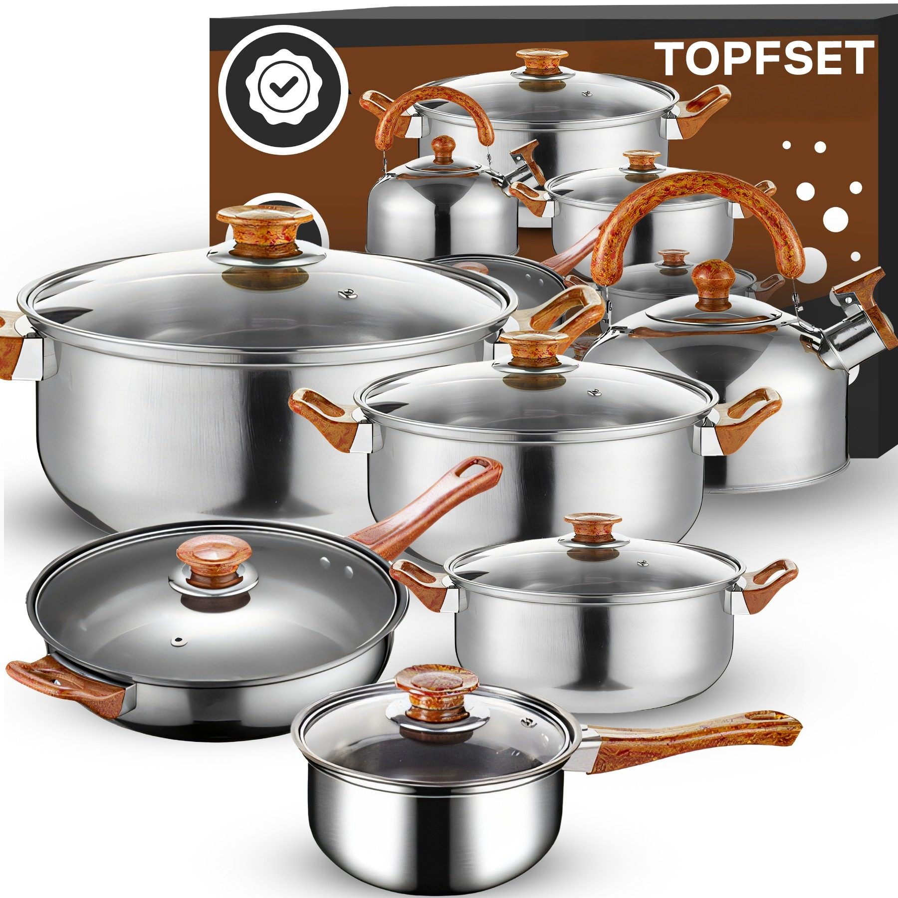 E-shop 6 Tlg Topfset Edelstahl mit Pfanne Großem Topf Wasserkocher – Komplett Kochgeschirr Set mit Glasdeckeln und Dampfablass, Kratzfestes Küchen