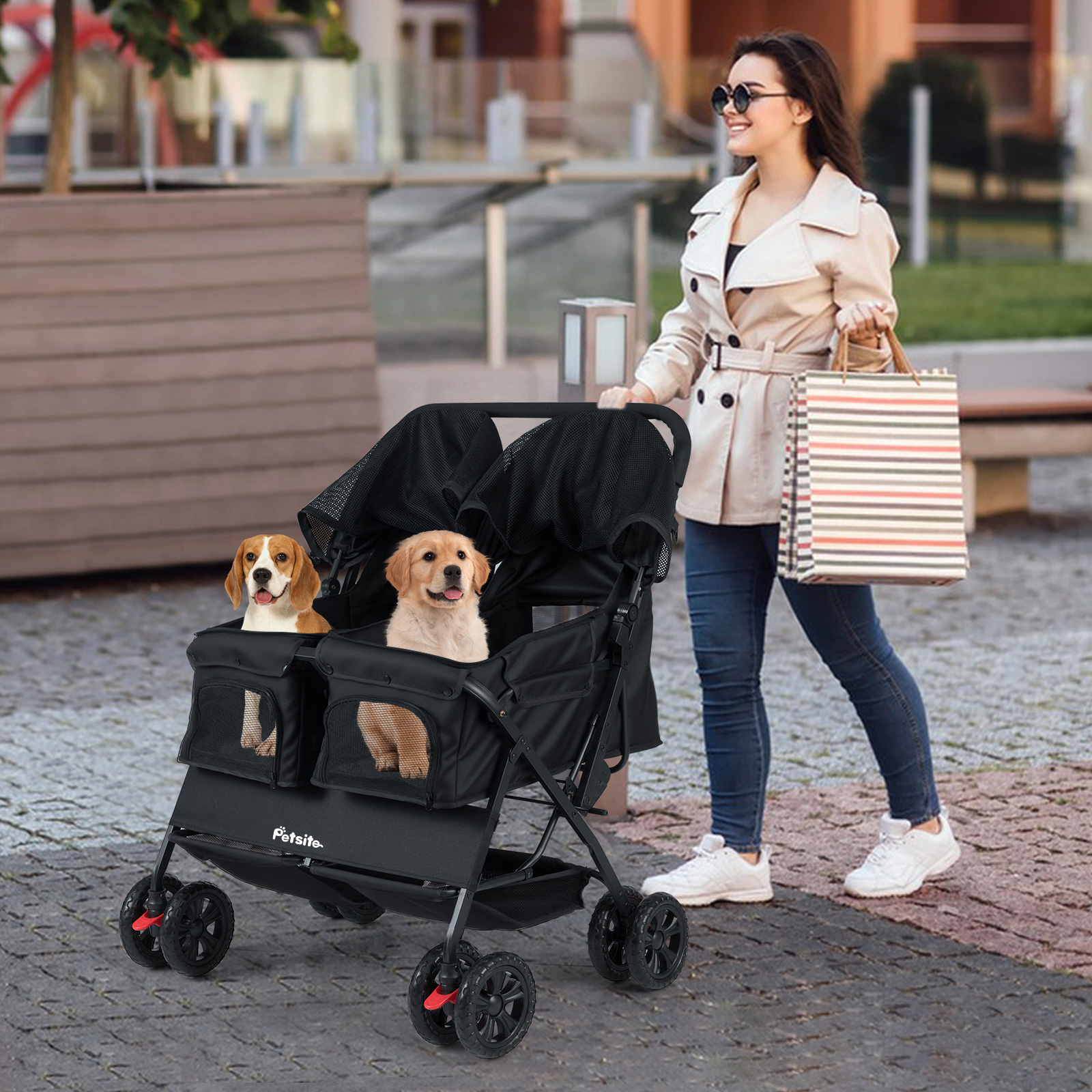 Double Pet Stroller, Foldable Twin Walk Jogger With 2 Seater Carrier, Adjustable Sunshade, Removable Pad, Storage Baskets