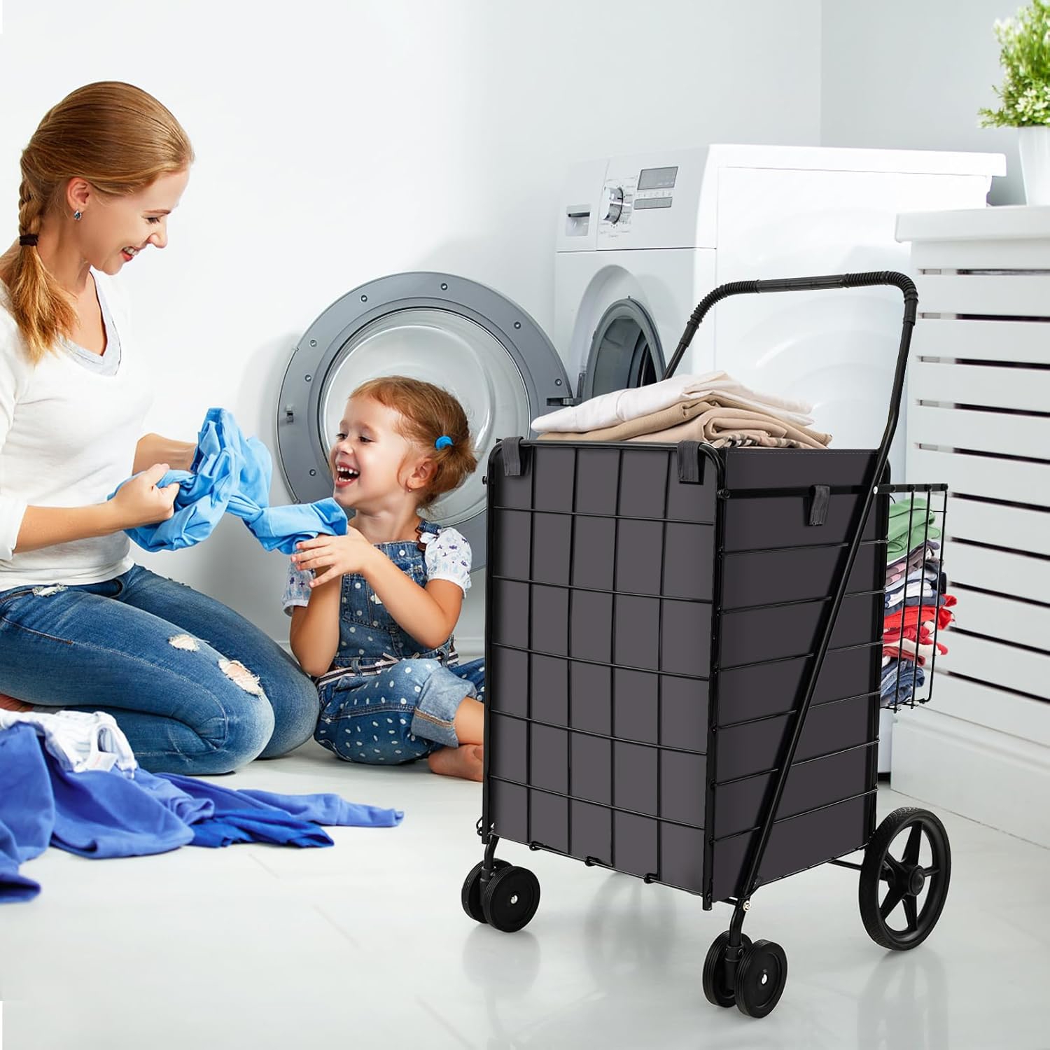 Image of Shopping Cart With Oxford Liner, Folding Grocery Cart With Universal Front Wheels, 32 Gal Large Capacity, Anti Slip Handle