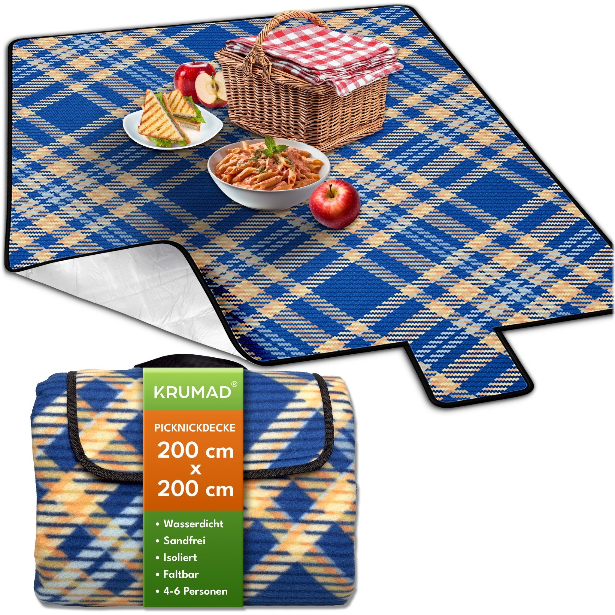 Image of Xxl Blanket 200 X 200 Cm With Insulation, Checkered Outdoor Blanket For Beach, Picnic, Camping, And Garden, Waterproof Travel Blanket, Krumad