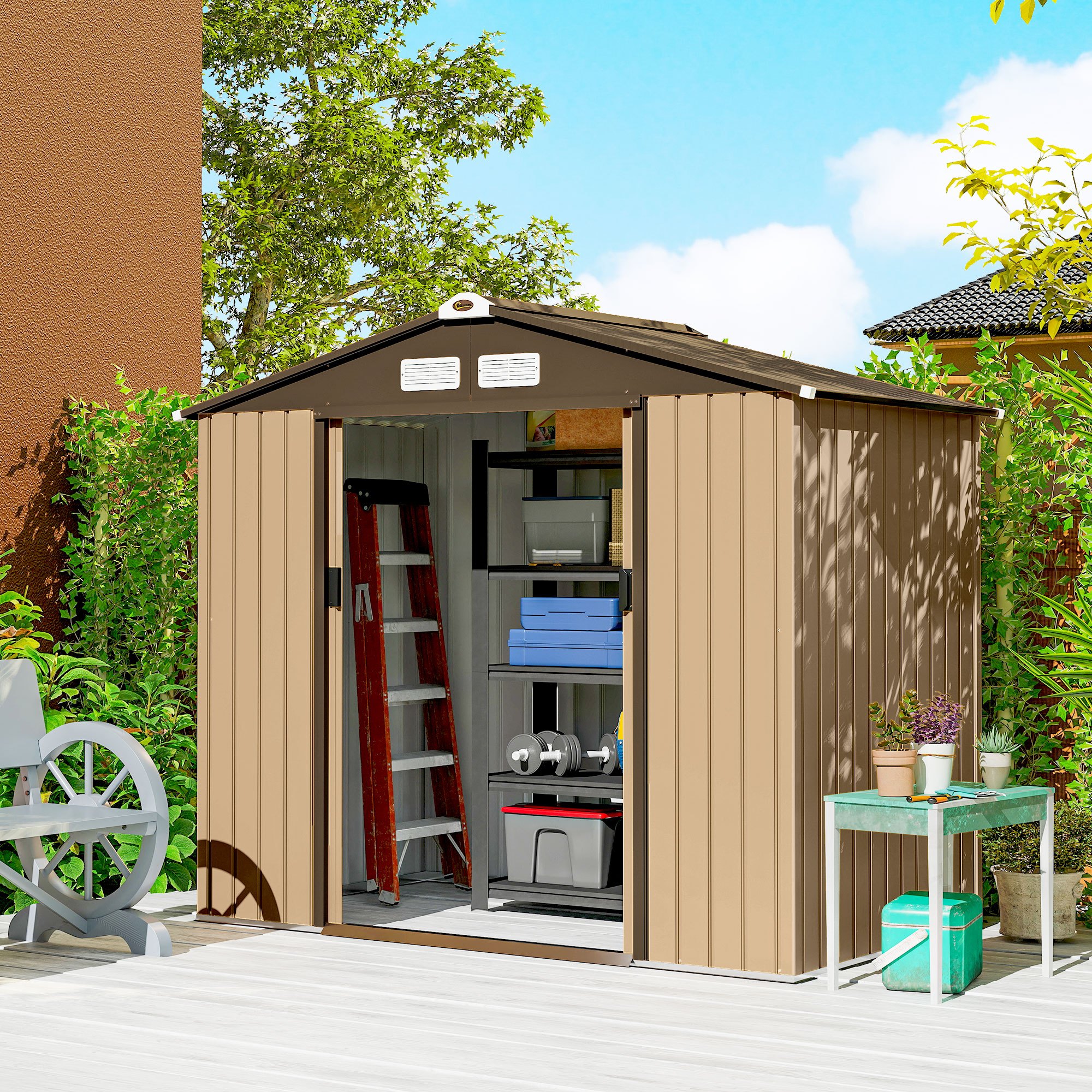 TEMU Caseta de Jardín Exterior 2,42 m², 213x130x185 cm, Cobertizo de Jardín Exterior Metálico con Puertas Correderas, Ventilación, y Guantes para