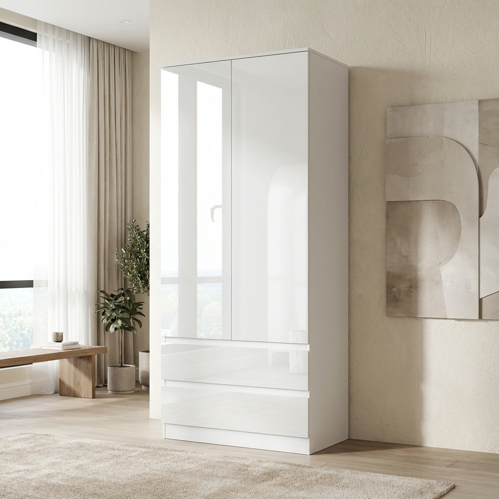 TEMU Soho White Gloss 2 Door 2 Drawer Wardrobe Bedroom Storage Cupboard With Shelf Hanging Rail With Drawers