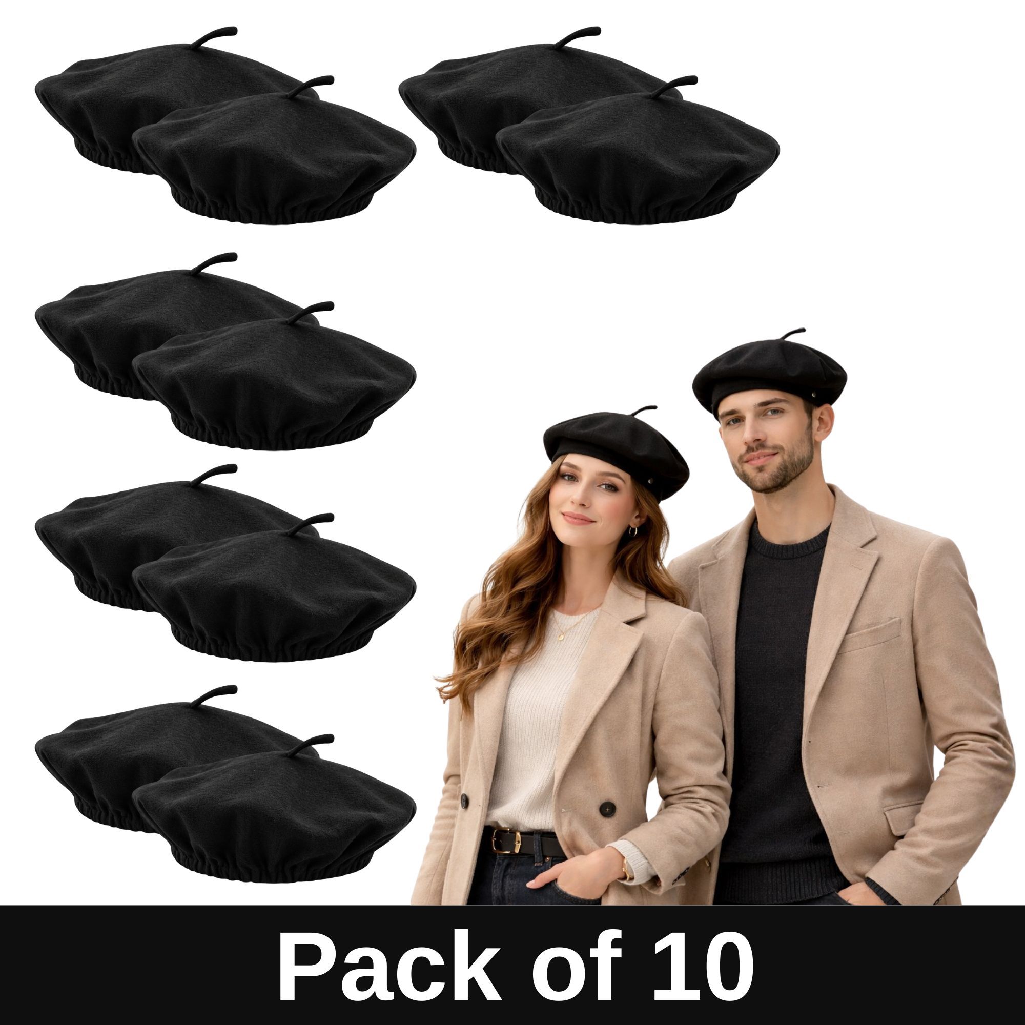 TEMU Pack Of 10 Unisex Beret Hats – Classic Parisian Style | Ideal For Fancy Dress, Costumes & Casual
