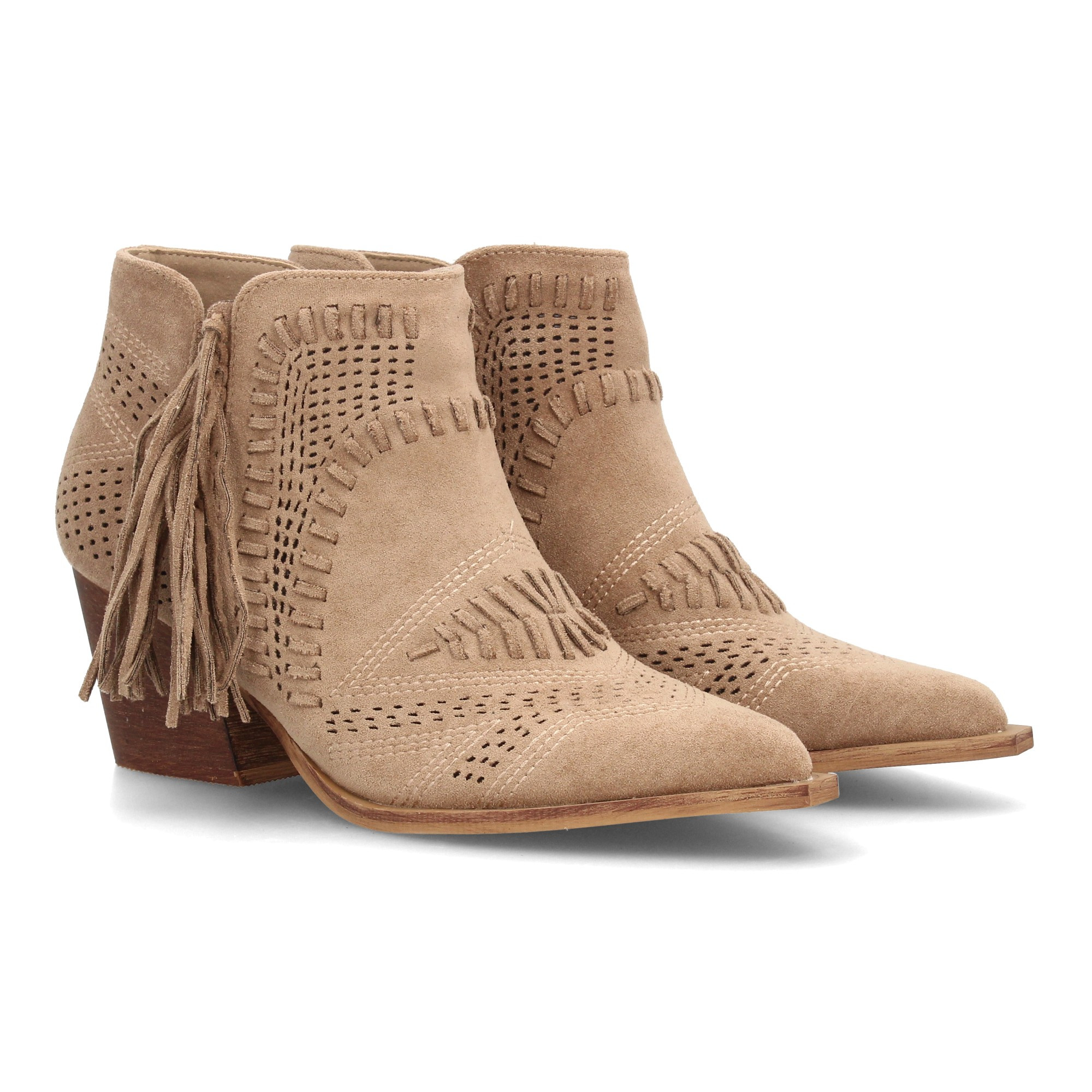 Women's Cowboy-style Ankle Boot With Decorative Cut-out Design, Side Fringe Detail, Medium-height Wide Heel, And Pointed Western Toe. No Closure. Ideal For Daily Wear