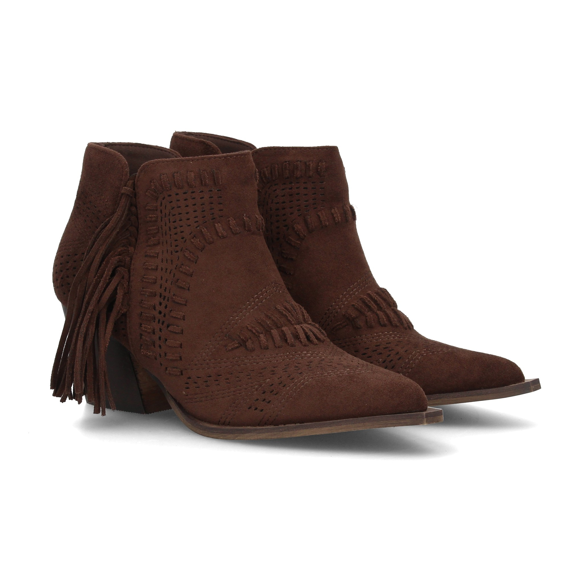 Image of Women's Cowboy-style Ankle Boot With Decorative Cut-out Design, Side Fringe Detail, Medium-height Wide Heel, And Pointed Western Toe. No Closure. Ideal For Daily Wear