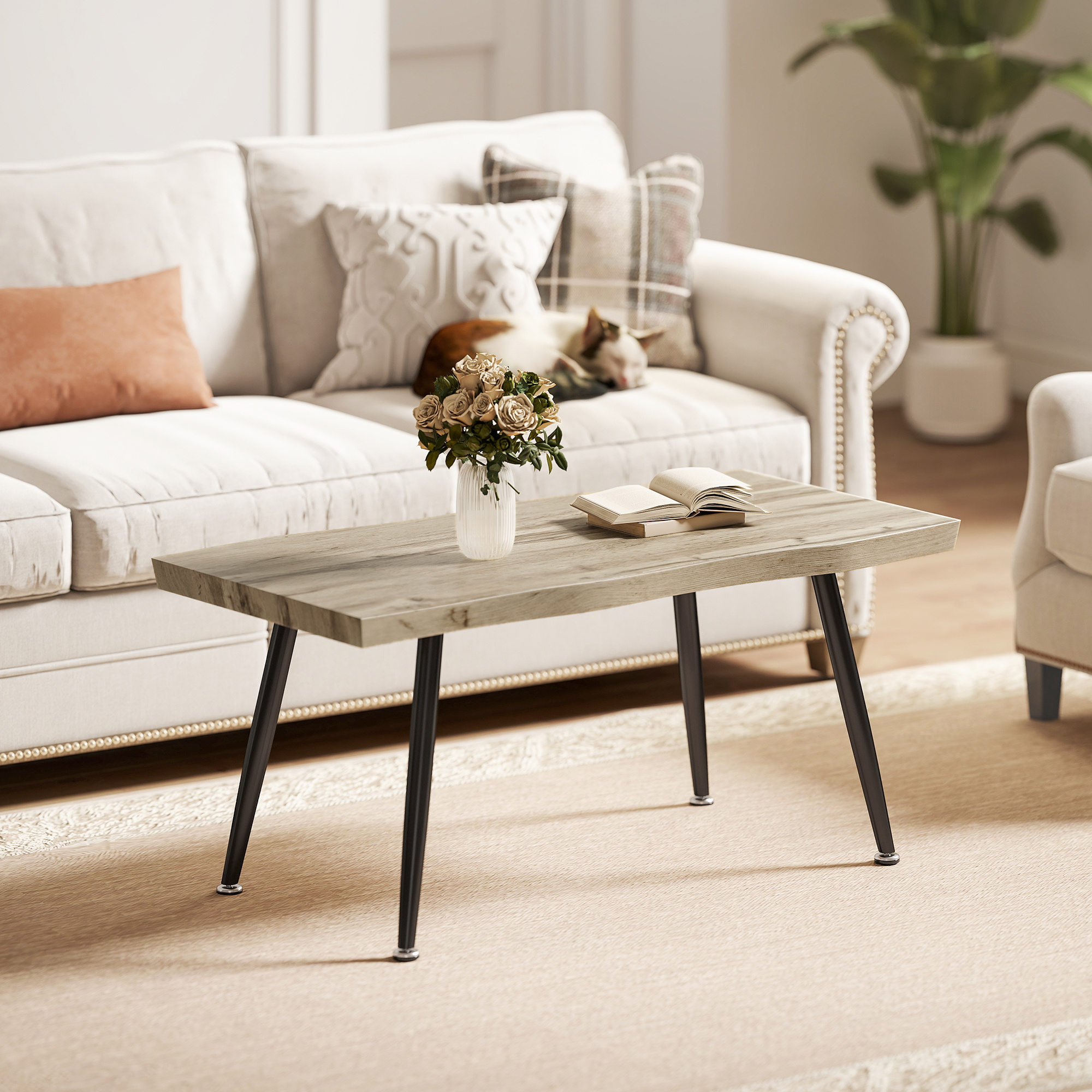 Coffee Table Side Table With Steel Legs, 4 Cm Thick Tabletop Living Room Table For Living Room Bedroom Oak+black
