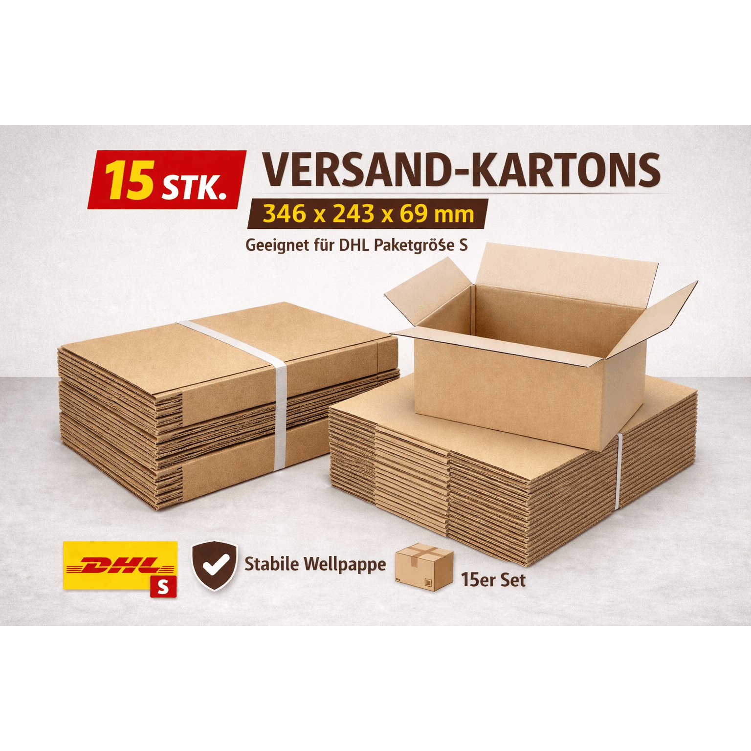 E-shop Versand-Verpackungs-Karton Faltkarton/ Braune Wellpappe-Boxen Set 15STK 346x243x69mm Geeignet für DHL S/ Braune Wellpappe-Postkartons
