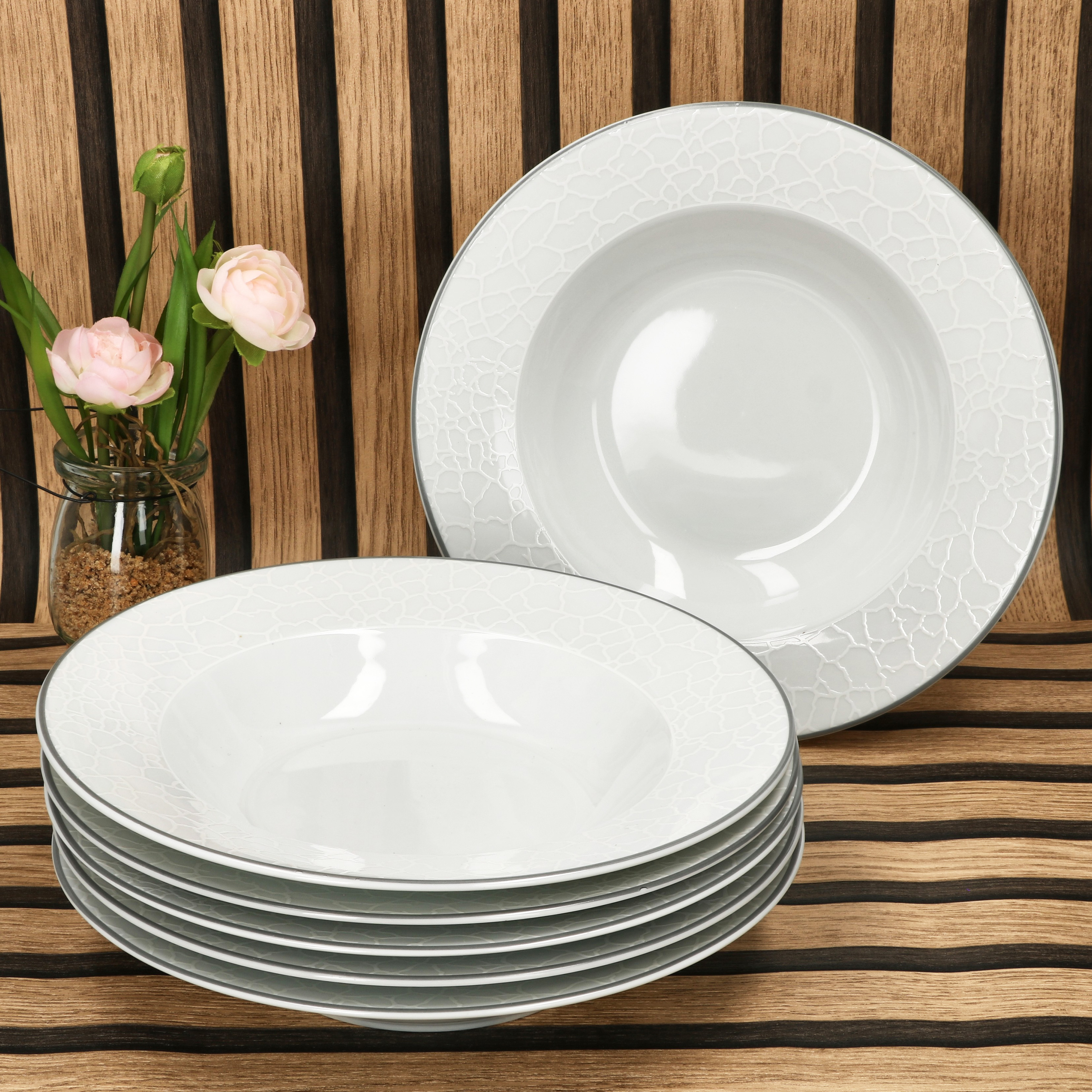 6x Venice Soup Plates, 21.5cm White Porcelain Relief Deep Dish Pasta Plates