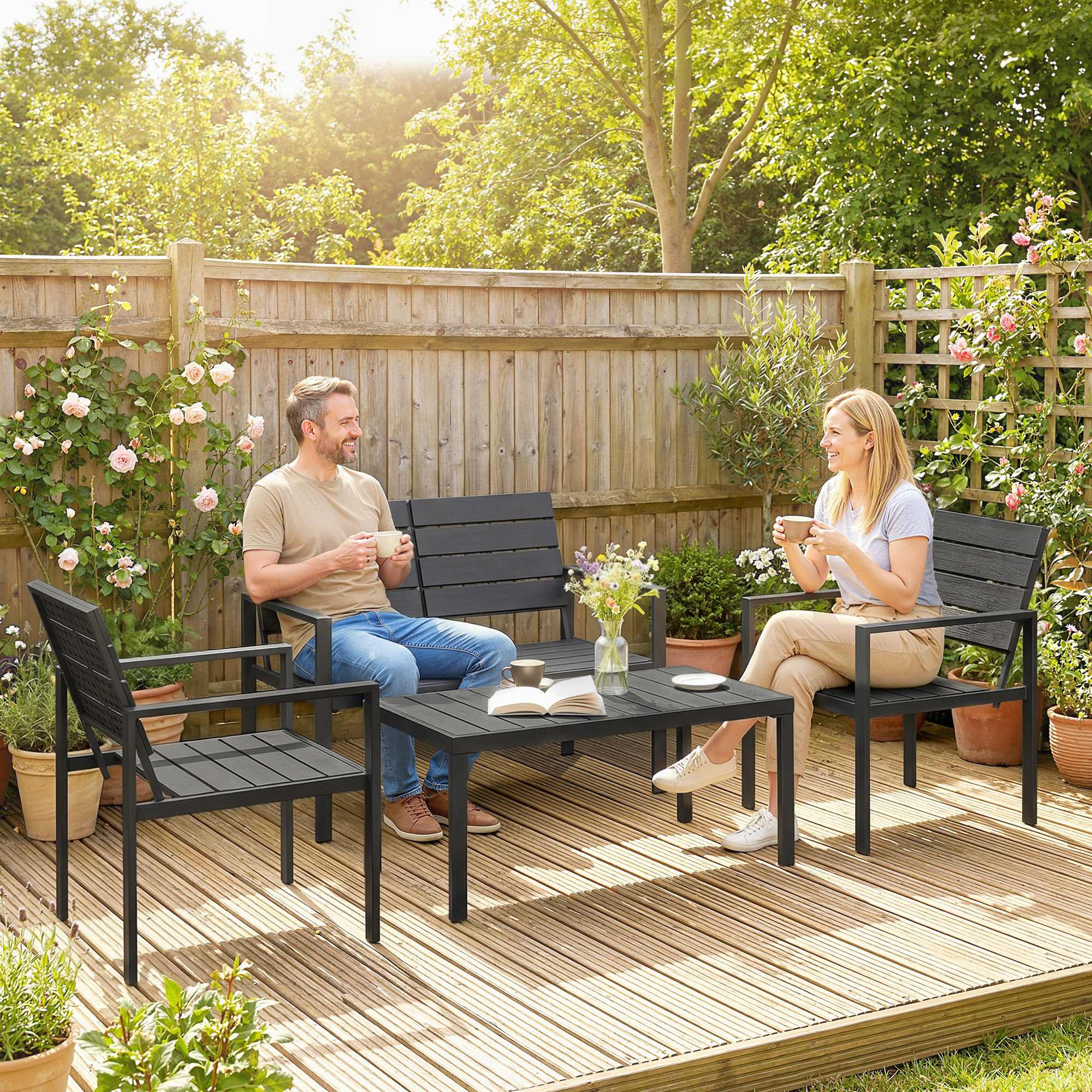 Garden Furniture Set Seating Group For Hdpe Weather-resistant Garden Lounge With 2-seater Sofa, 2 Armchairs, Wide Side Table With Design, Outdoor Balcony Furniture For Garden Balcony