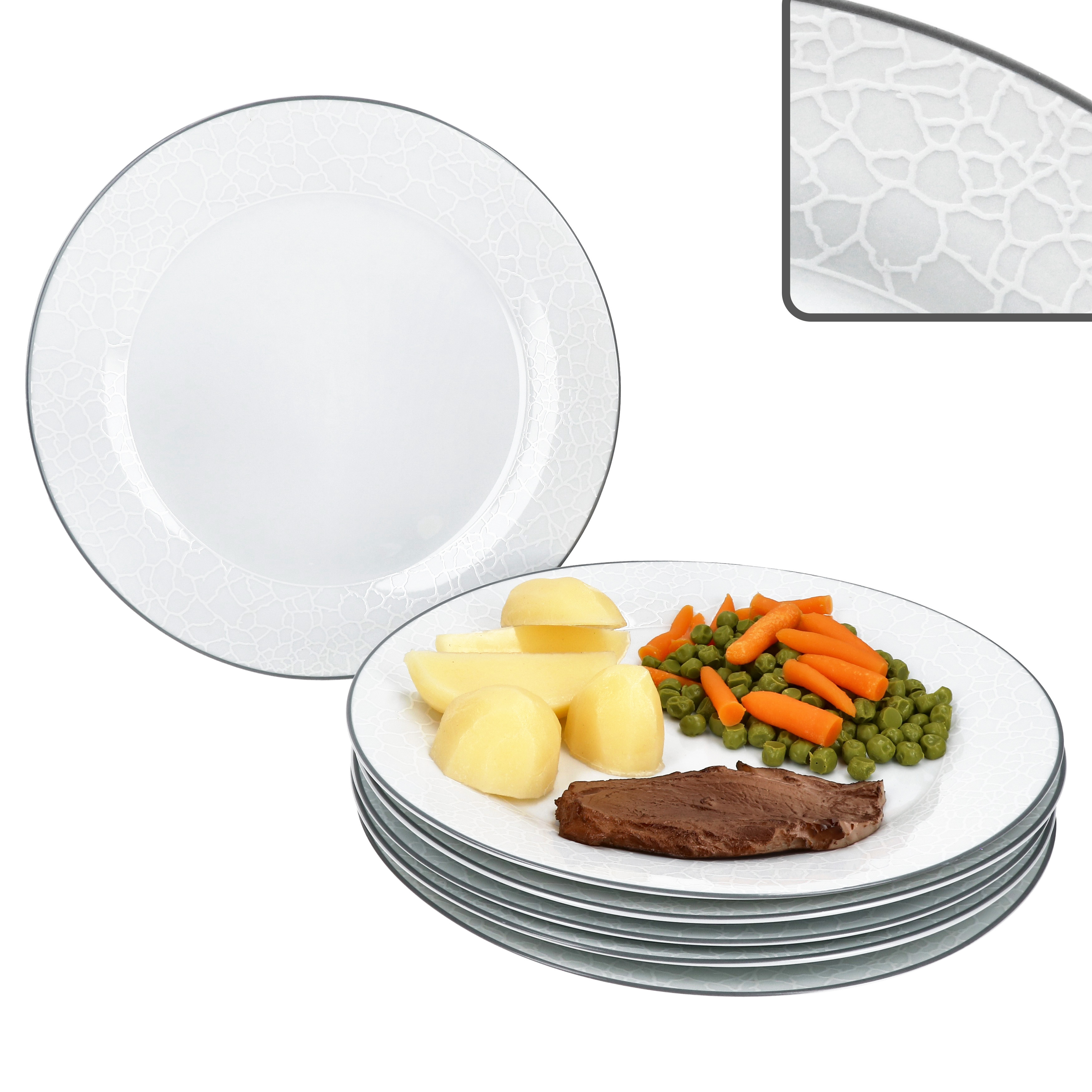 Set Of 6 Venice Dinner Plates, Ø26.7cm, White Porcelain With Relief Design