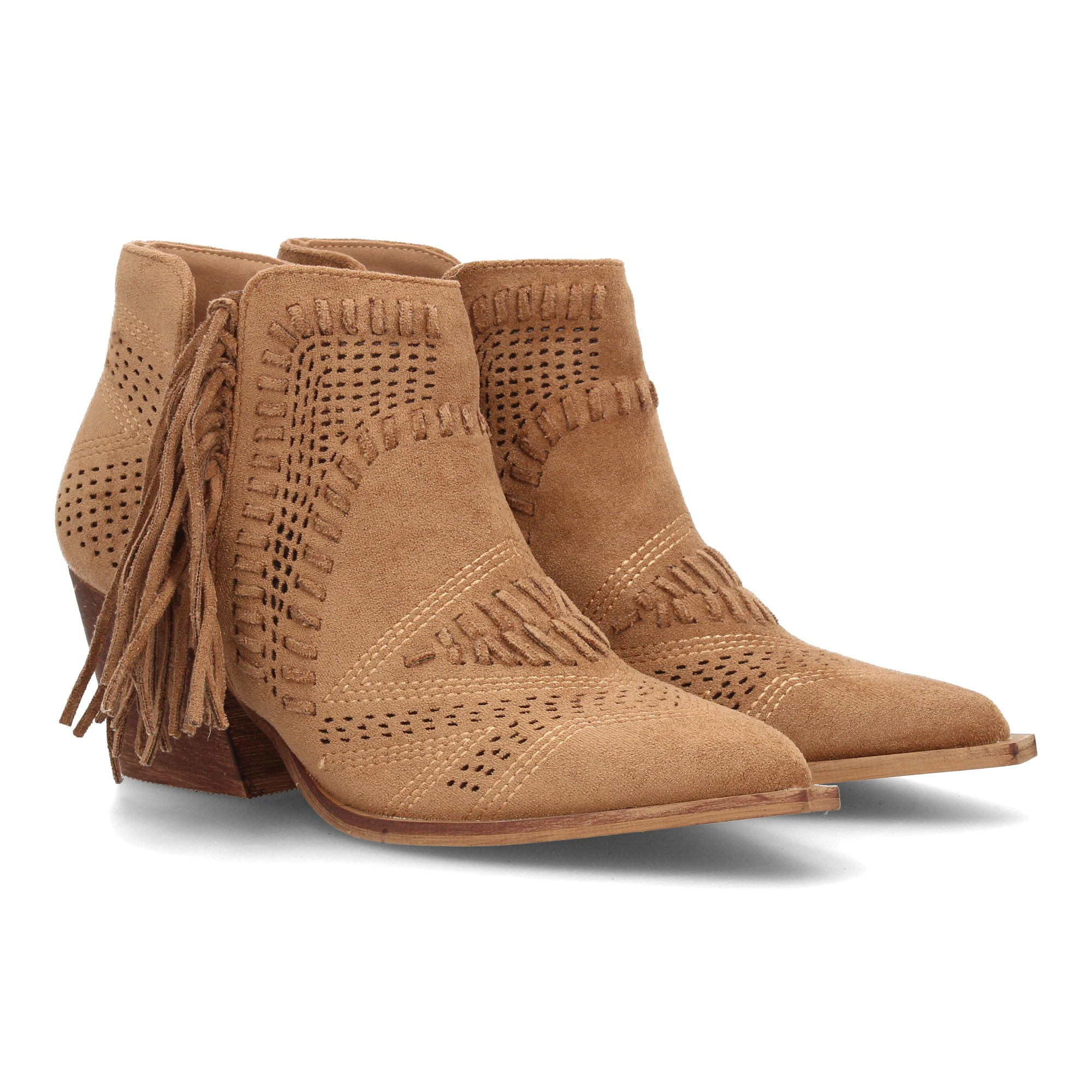 Image of Women's Cowboy-style Ankle Boot With Decorative Cut-out Design, Side Fringe Detail, Medium-height Wide Heel, And Pointed Western Toe. No Closure. Ideal For Daily Wear