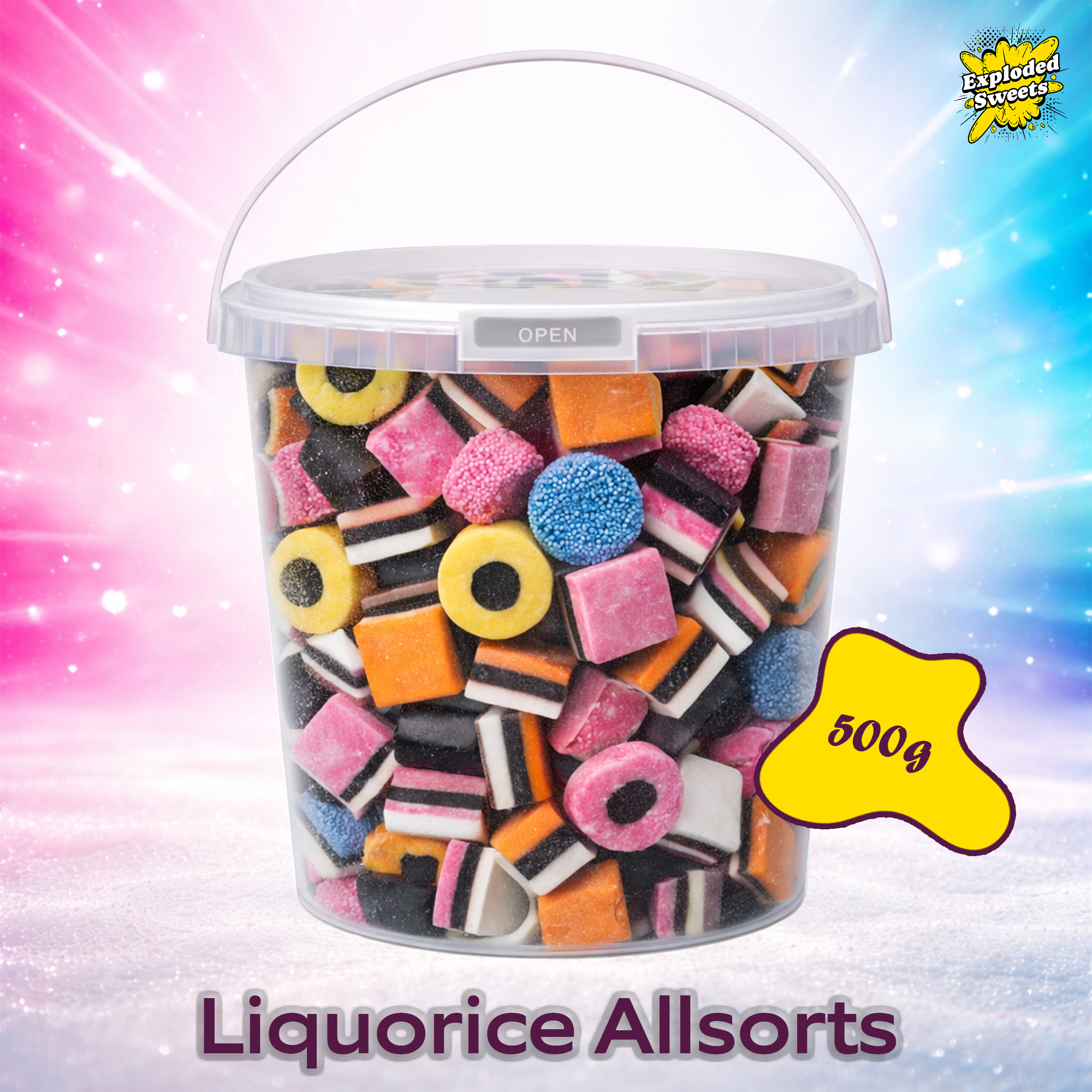 500g     bucket exploded sweets resealable tub