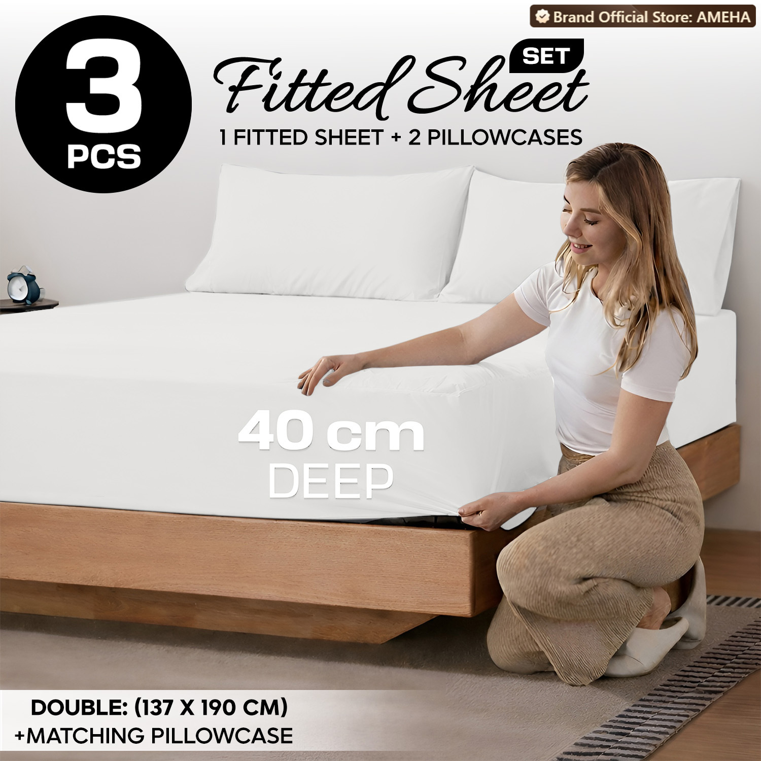 TEMU 3pcs 40cm Extra Deep Fitted Sheet – Solid & Comfortable Bed Sheet With 2pcs Matching Pillowcases, Breathable Fabric Soft Brushed Microfiber