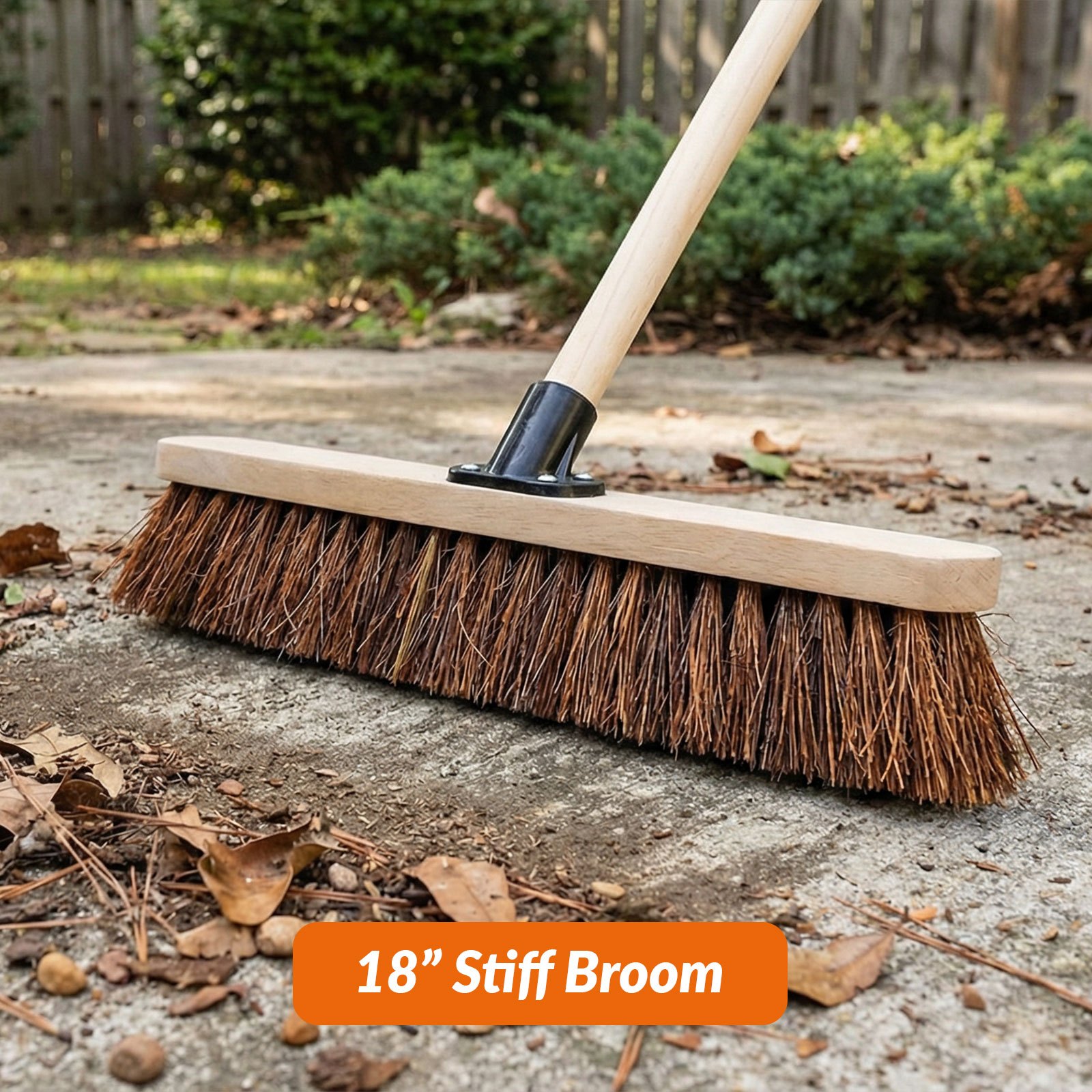 TEMU 18'' Outdoor Broom With Long Wooden Handle Yard Brush With Natural Bassine Hard Bristles Heavy Duty Sweeping Brush For Garden And Driveway