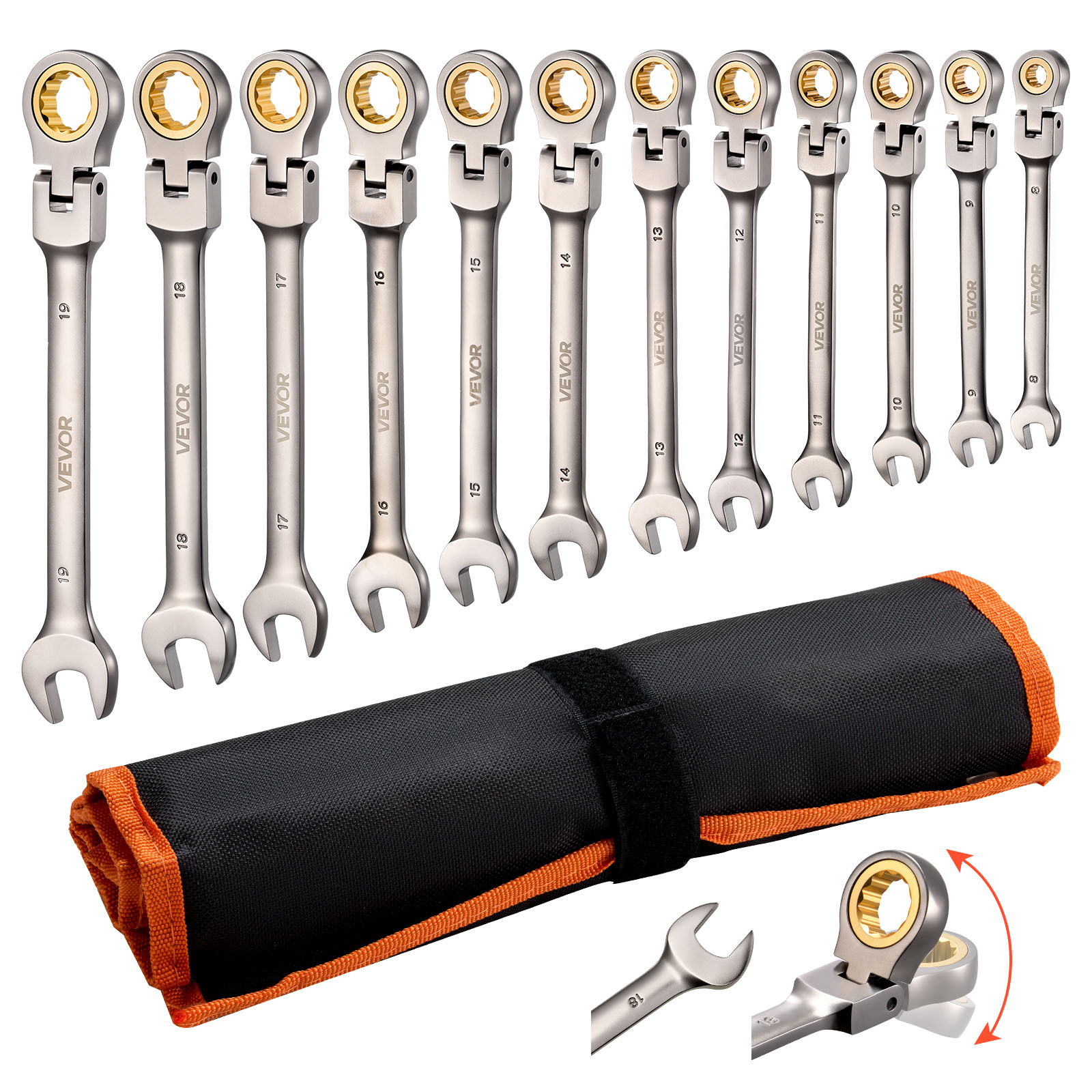 Image of Vevor Flex-head Ratcheting Wrench Set, 12-piece Metric 8 Mm To 19 Mm, 72 Teeth, Steel Ratchet Flexible Combination Wrench Set With Roll Up Pouch, For Household And Automotive Repairs