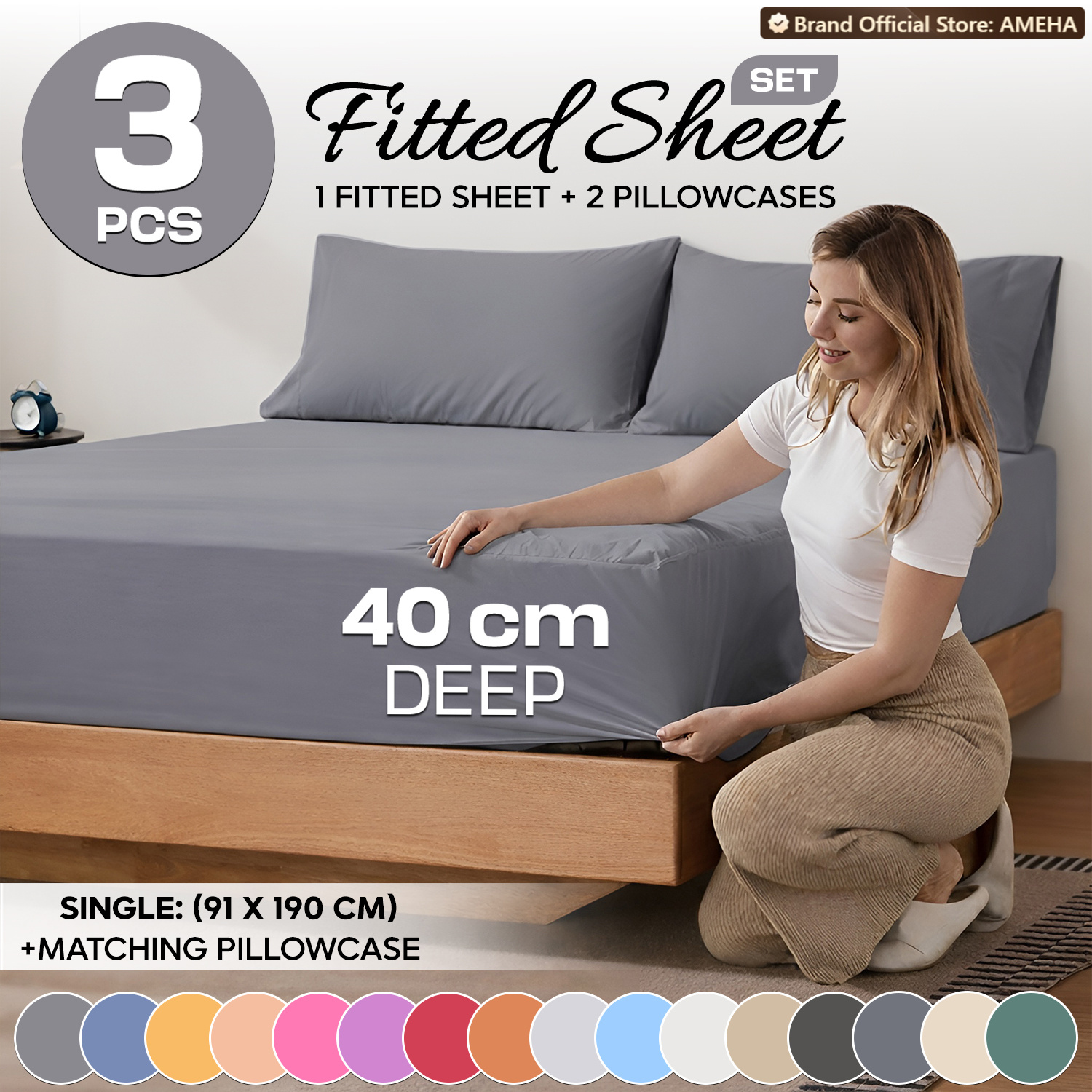 3pcs 40cm extra deep fitted sheet solid   comfortable bed sheet with 2pcs matching pillowcases breathable fabric soft brushed microfiber bedding machine washable for home bedroom hotel
