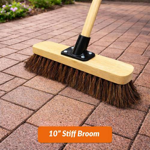 10 outdoor yard broom stiff bristle sweeping brush with strong wooden handle and support bracket for cleaning patio driveway garden and yard areas