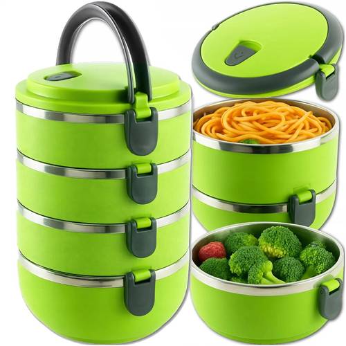 LUNCH BOX TERMOS OBIADOWY 4 POZIOMOWY POJEMNIK NA ŻYWNOŚĆ XL TERMICZNY STAL NIERDZEWNA 2,1L ZIELONY POJEMNIK TERMOS NA POSIŁKI GORĄCE I ZIMNE ŚNIADANIÓWKA ZATRZASKI UCHWYT POJEMNIK TERMICZNY DO PRACY SZKOŁY BIURA TURYSTYCZNY PRZEZNACZONY NA ZUPY OBIADOWE KOSZ NA JEDZENIE TERMOS WIELOKOMOROWY
