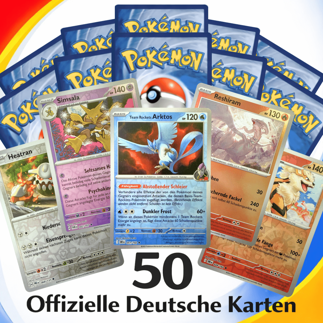 E-shop 50 Pokémon TCG-Karten in Deutsch - Authentisches Zufallslos von 45 Offiziellen Karten + 5 Seltene und Glänzende (/REVERSE)