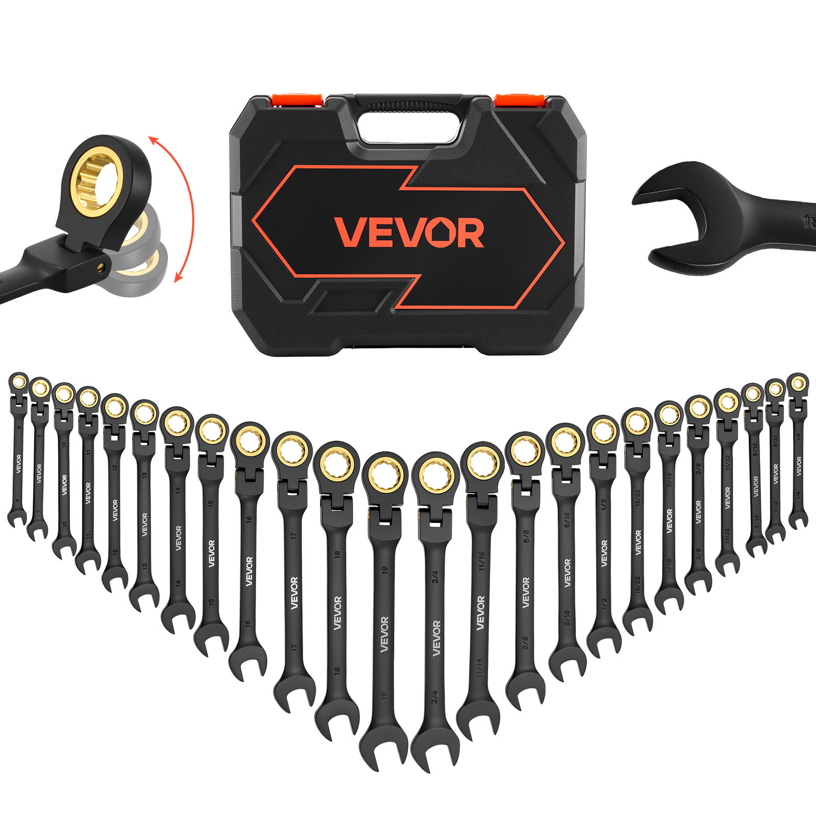 Vevor Flex-head Ratcheting Wrench Set, 24-piece Sae And Metric, 72 Teeth, Steel Ratchet Flexible Combination Wrench Set With Storage Case, For Household And Automotive Repairs, Black