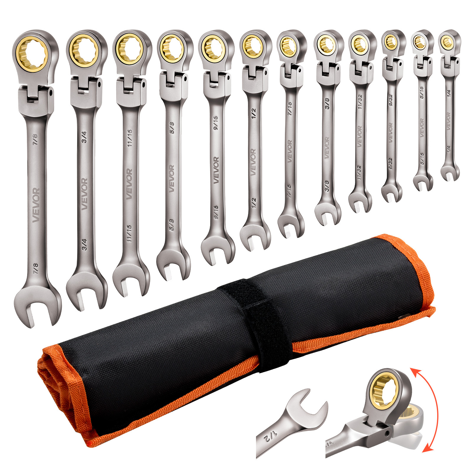 Image of Vevor Flex-head Ratcheting Wrench Set, 12-piece Sae Sizes, 72 Teeth, Steel Ratchet Flexible Combination Wrench Set With Roll Up Pouch, For Household And Automotive Repairs, Gray Nickel