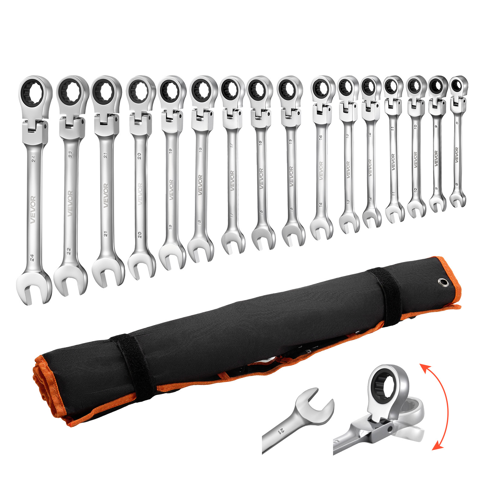Image of Vevor Flex-head Ratcheting Wrench Set, 30-piece Sae And Metric, 72 Teeth, Steel Ratchet Flexible Combination Wrench Set With Roll Up Pouch, For Household And Automotive Repairs, Silver