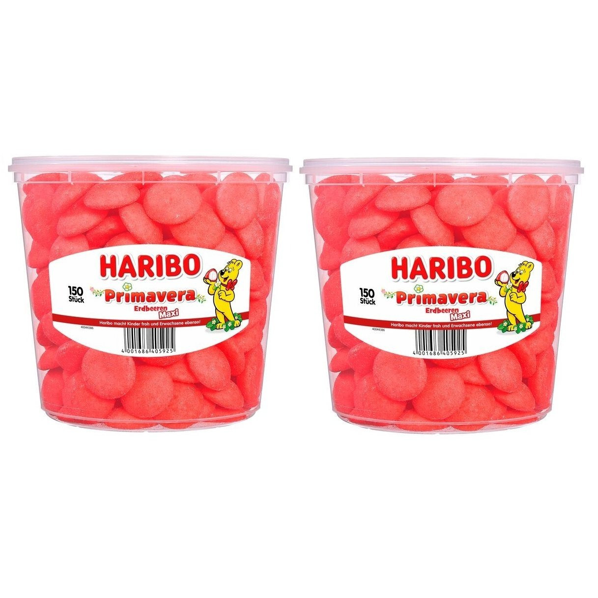Image of 2 Jars Of Haribo Primavera Strawberries, 150pcs Of Red Foam Sugar, 1050g