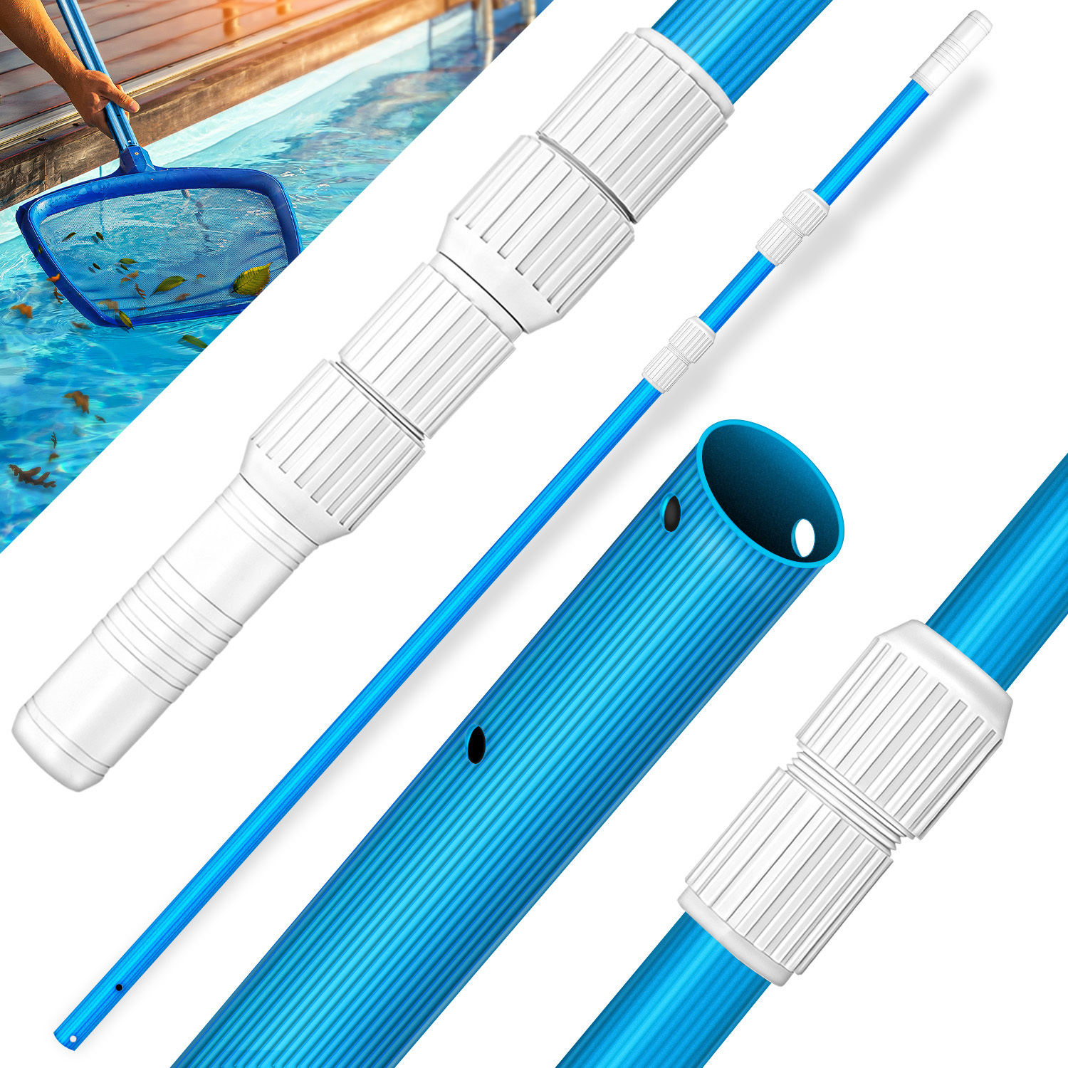 E-shop tillvex® Pool Teleskopstange 1,20 - 3,60m Aluminium Poolstange zum Ausziehen Stange zur Poolreinigung 3-teilig Poolstab Verstellbar