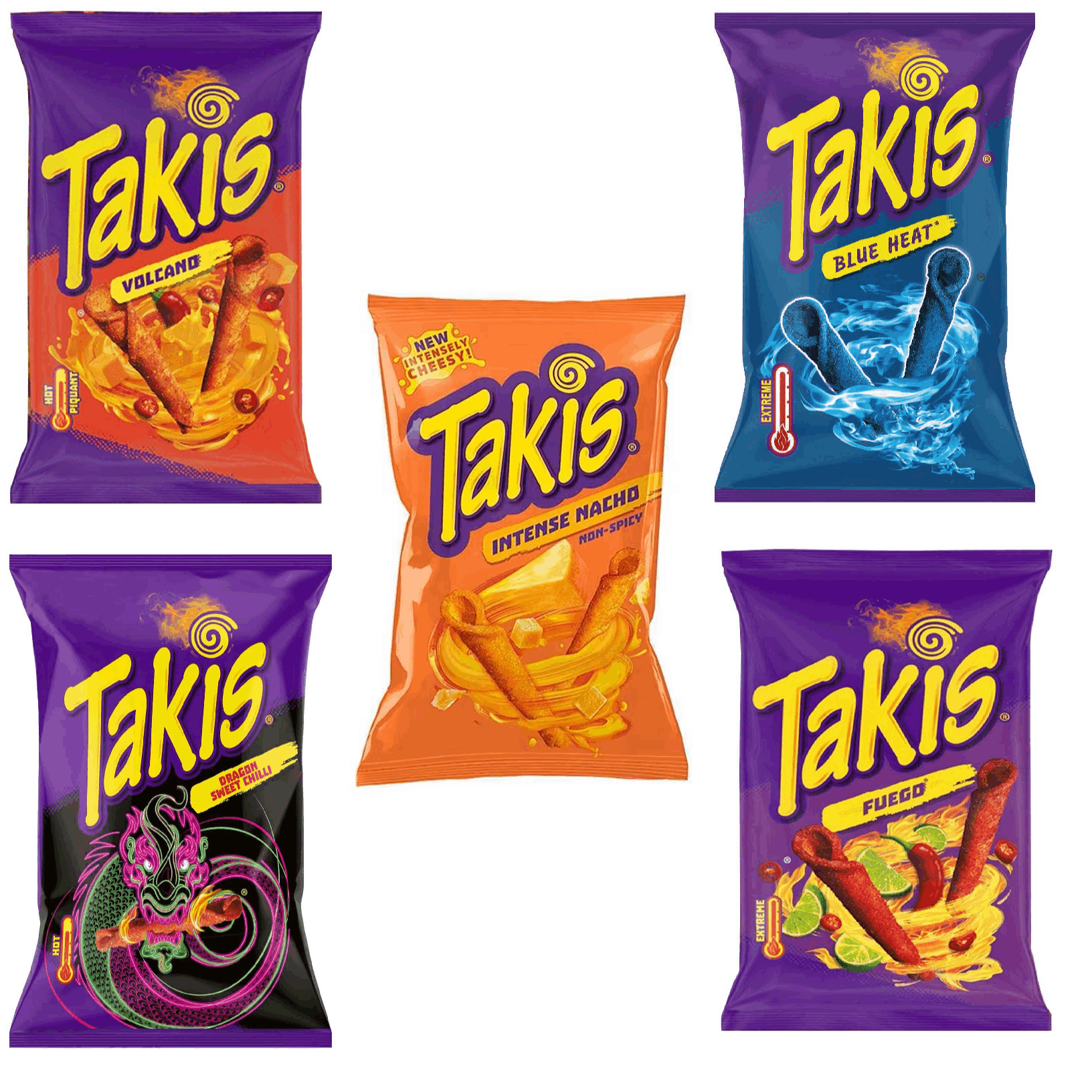 Image of Takis Probier Bundle 5 × 100 G – Dragon Sweet Chili, Fuego, Blue Heat, Volcano Queso & Intense Nacho