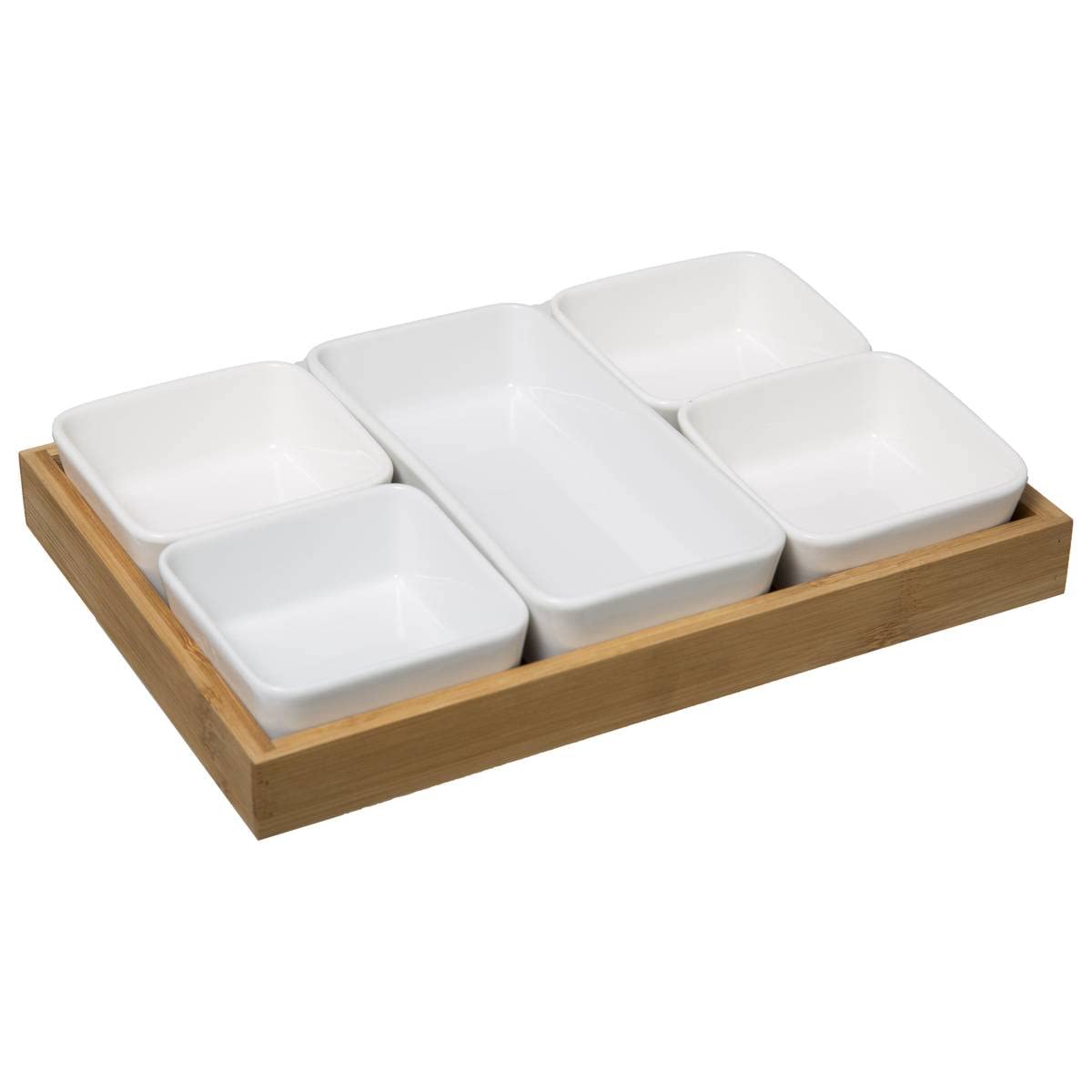 Appetizer Set: 5 Ceramic Ramekins & 1 Bamboo Tray