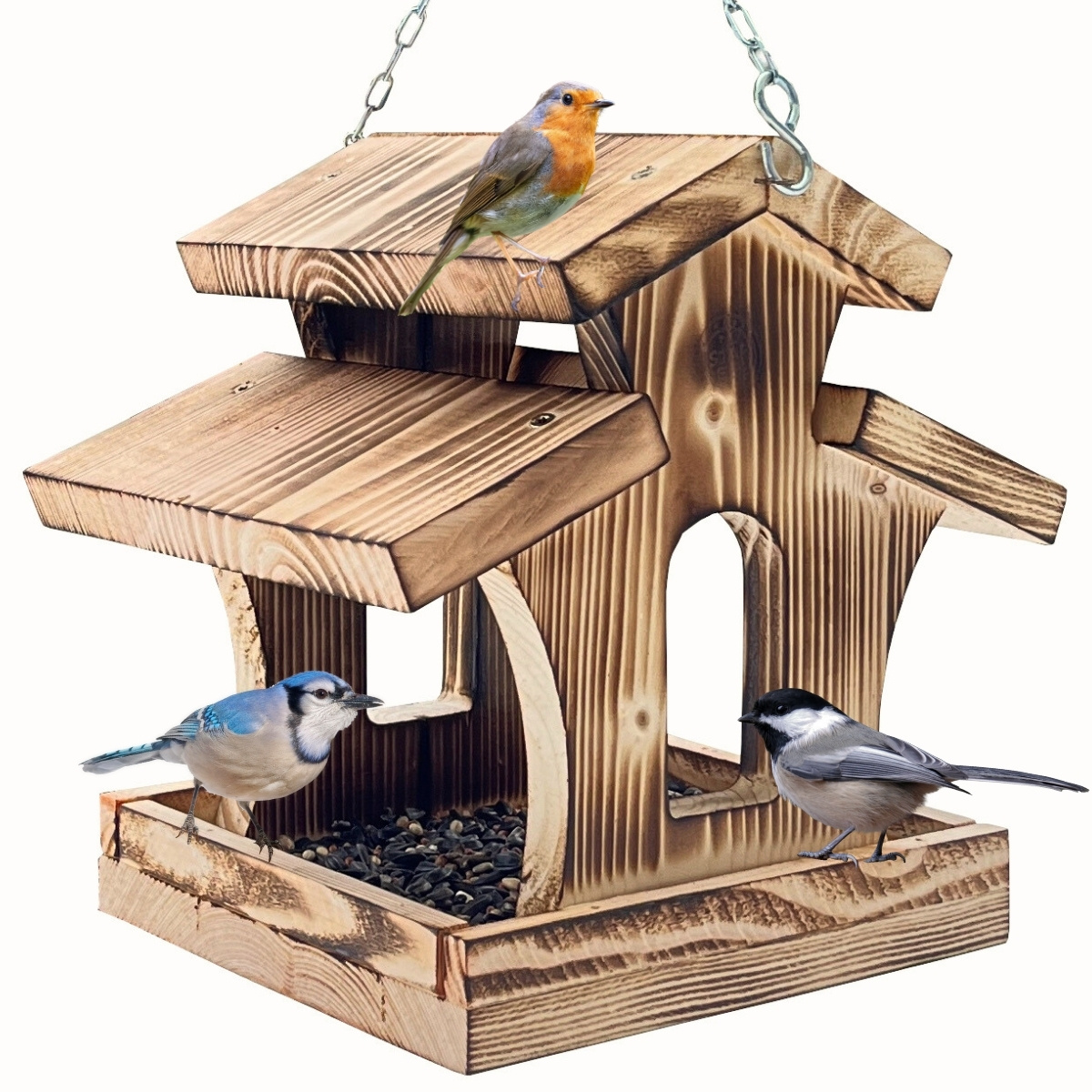 Wooden Bird Feeder House - Burnt, Rustic Chain Decoration For