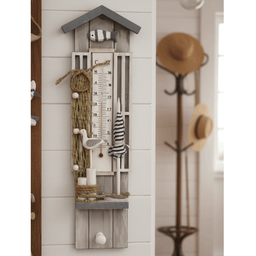Maritime Weather Station In Coastal Design - Decorative Barometer With Seagull, Umbrella & (40cm Length, Grey)