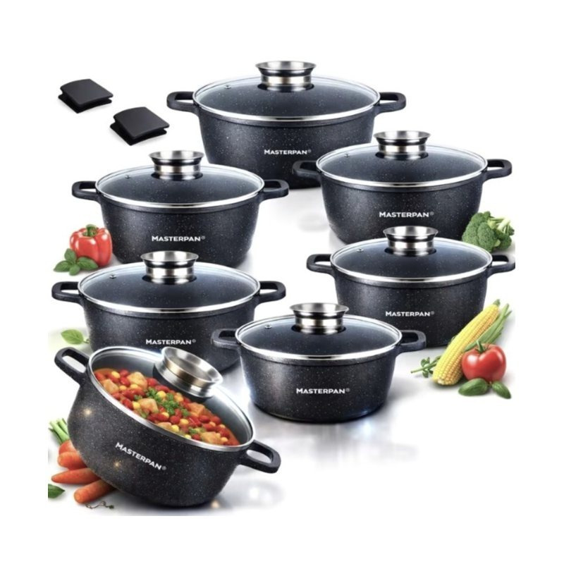 Image of 12pcs Cookware Set | With Marbled Coating | 1.5/2.5/2.5/3.2/4.5/6.8l Cooking Pot | Silicone Handles | With Lid | Coating | Induction | Ideal As A Gift | For All Stove Types | Mp2152