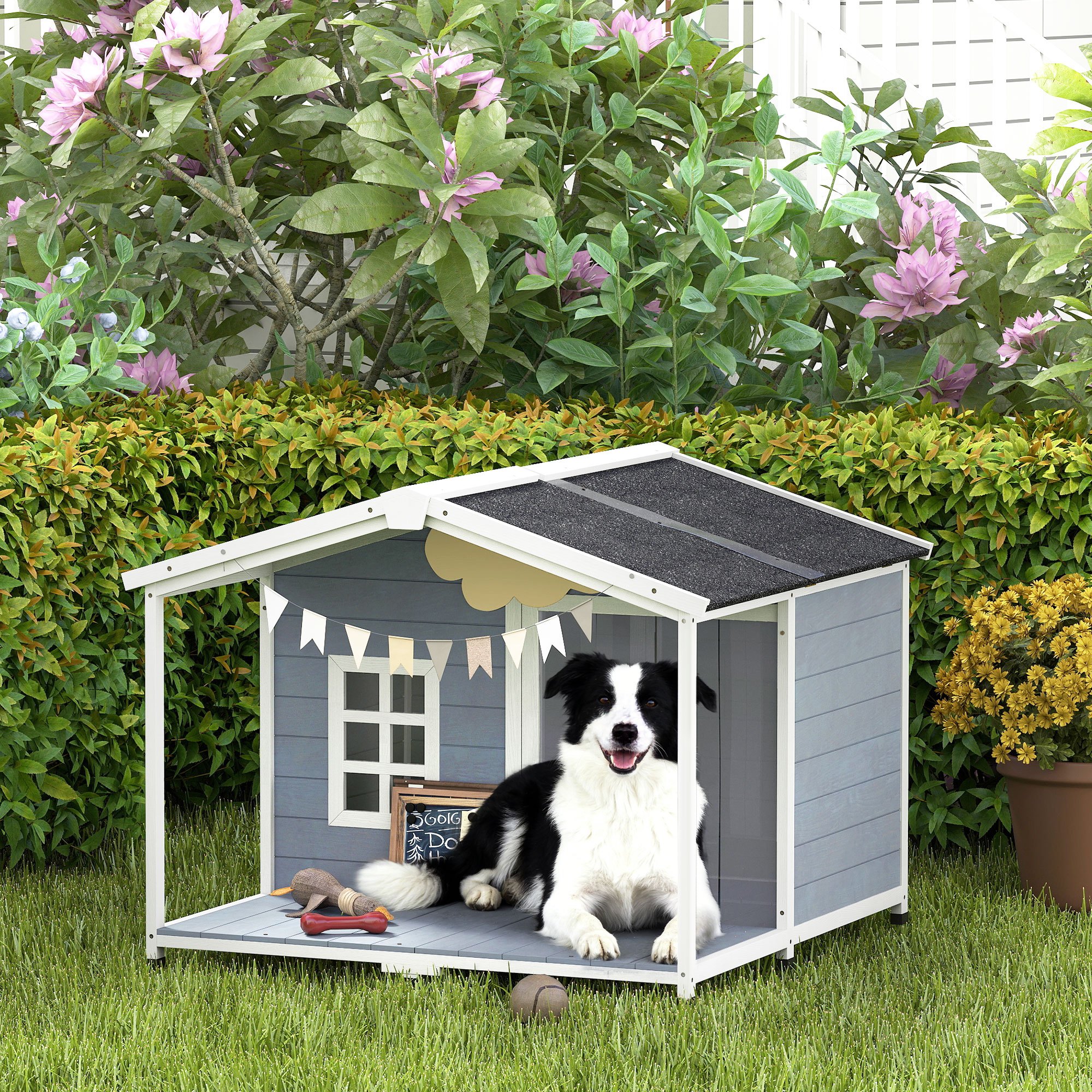 Image of Weatherproof Wooden Dog House 103 X 107 X 83.5 Cm, Elevated Dog Cave With Foldable Asphalt Roof, Terrace, Window, Outdoor Shelter For Medium-sized Dogs Up To 20 Kg, Gray