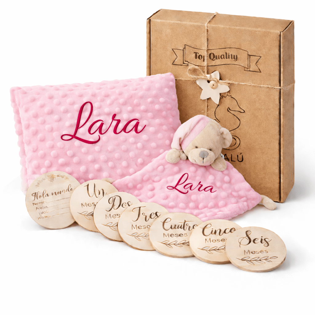 TEMU Set Regalo Bebé Personalizado Balu – Bebé Personalizada + Doudou con Bordado + Tarjetas Meses Bebé | Recién Nacido | Hipoalergénico y Lavable