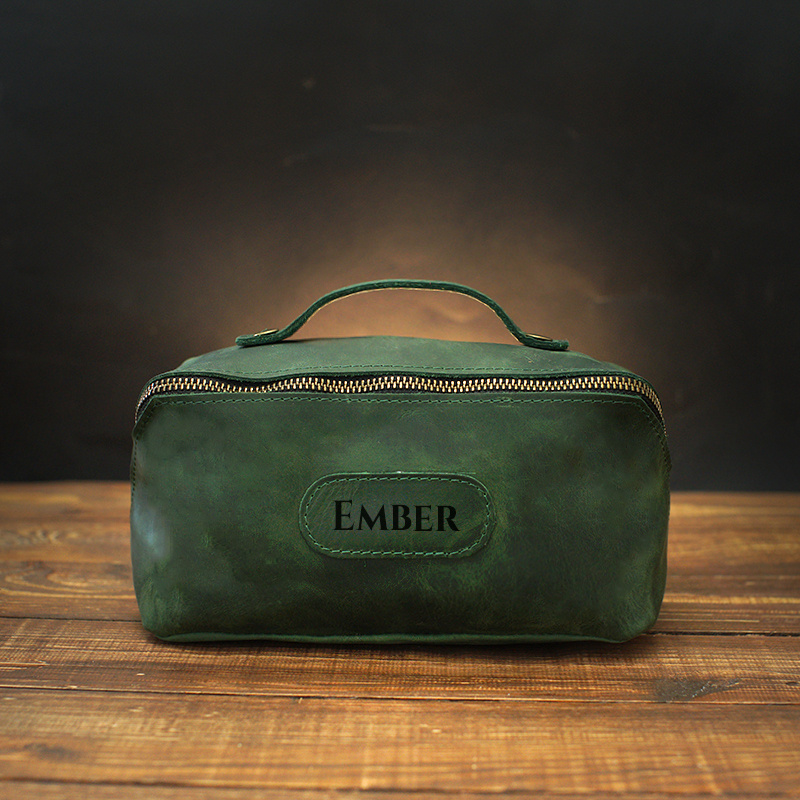 Image of Personalized Leather Cosmetic Bag For - Genuine Leather Toiletry Bag With Engraved Name – Custom Dopp Kit - Birthday Gift For Wife - Wedding Gifts