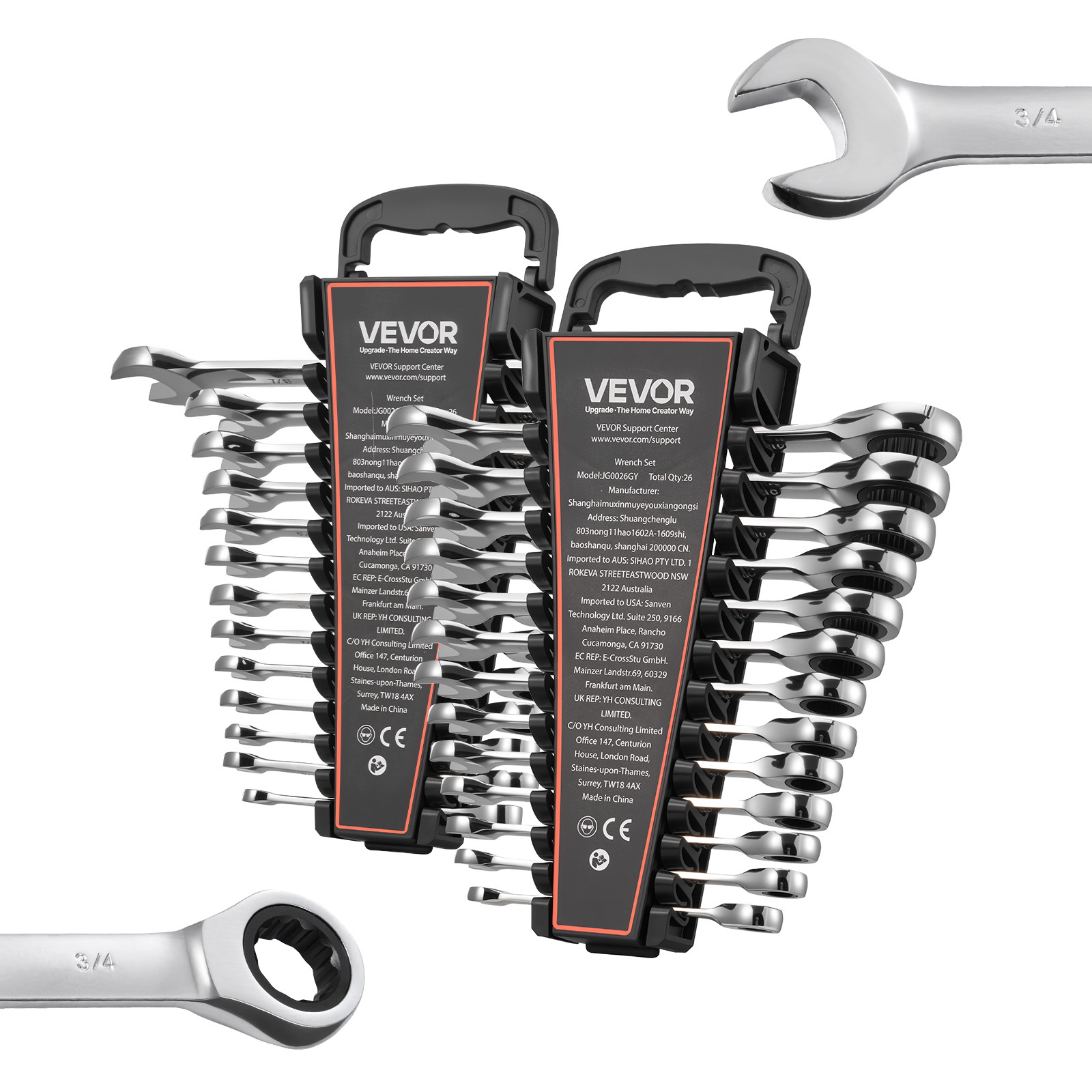 Image of Vevor Combination Wrench Set, 26pcs Sae And Metric, 72 Teeth, Steel Ratcheting Wrench Set, With Rack Organizer, Open End, Clear Size Labels, For Household, Automotive Repairs, Silver