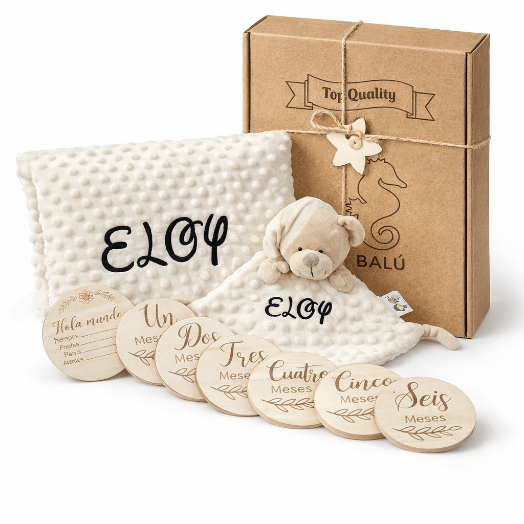 TEMU Set Regalo Bebé Personalizado Balu – Bebé Personalizada + Doudou con Bordado + Tarjetas Meses Bebé | Recién Nacido | Hipoalergénico y Lavable