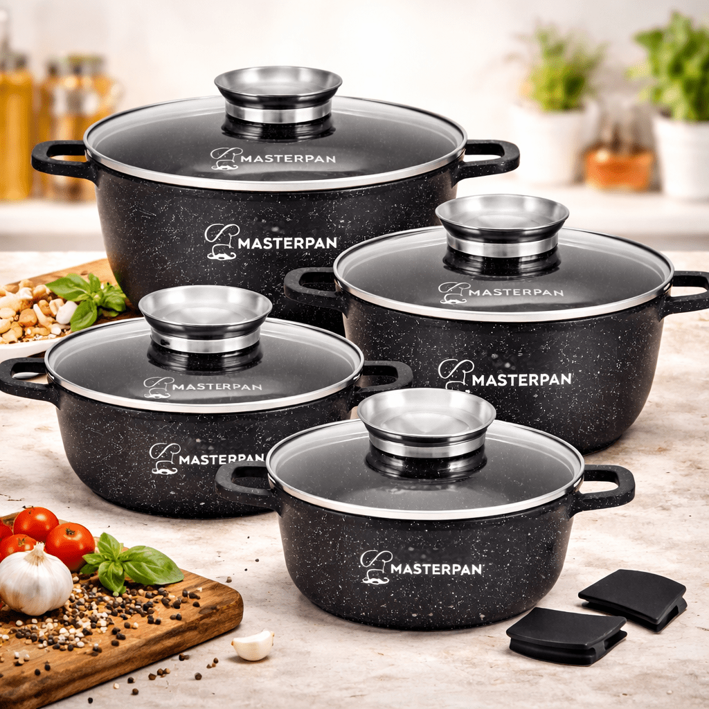 Image of Part Cookware Set | With Marbled Coating | 1.5/2.5/4.5/6.8l Cooking Pot | Silicone Handles | With Lid | Coating | Induction | Ideal As A Gift | For All Stove Types | Mp2148