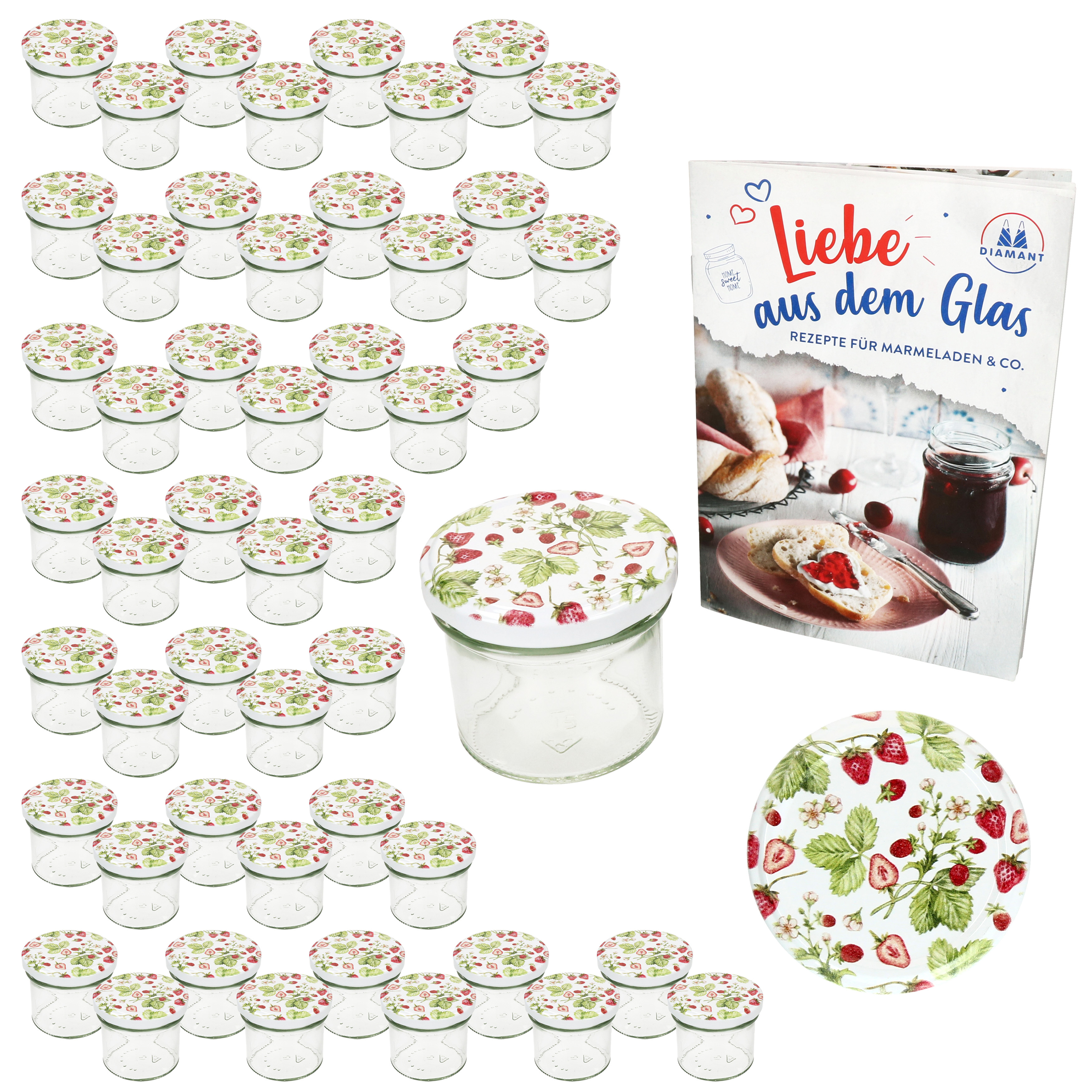 E-shop 50er Set Sturzglas 125ml Einmachglas Wald-Erdbeere Deckel DiamantZucker-Rezept