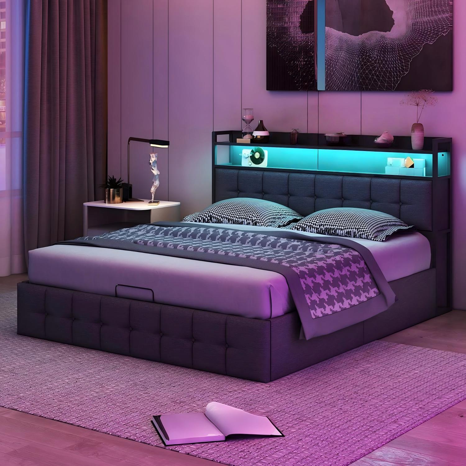 E-shop 140x200 Bett mit LED-Lattenrost, Kommodebett mit Stauraum unter dem Bett, Doppelbett mit Lattenrost für 2 Personen, gepolsterter Bettgestell aus