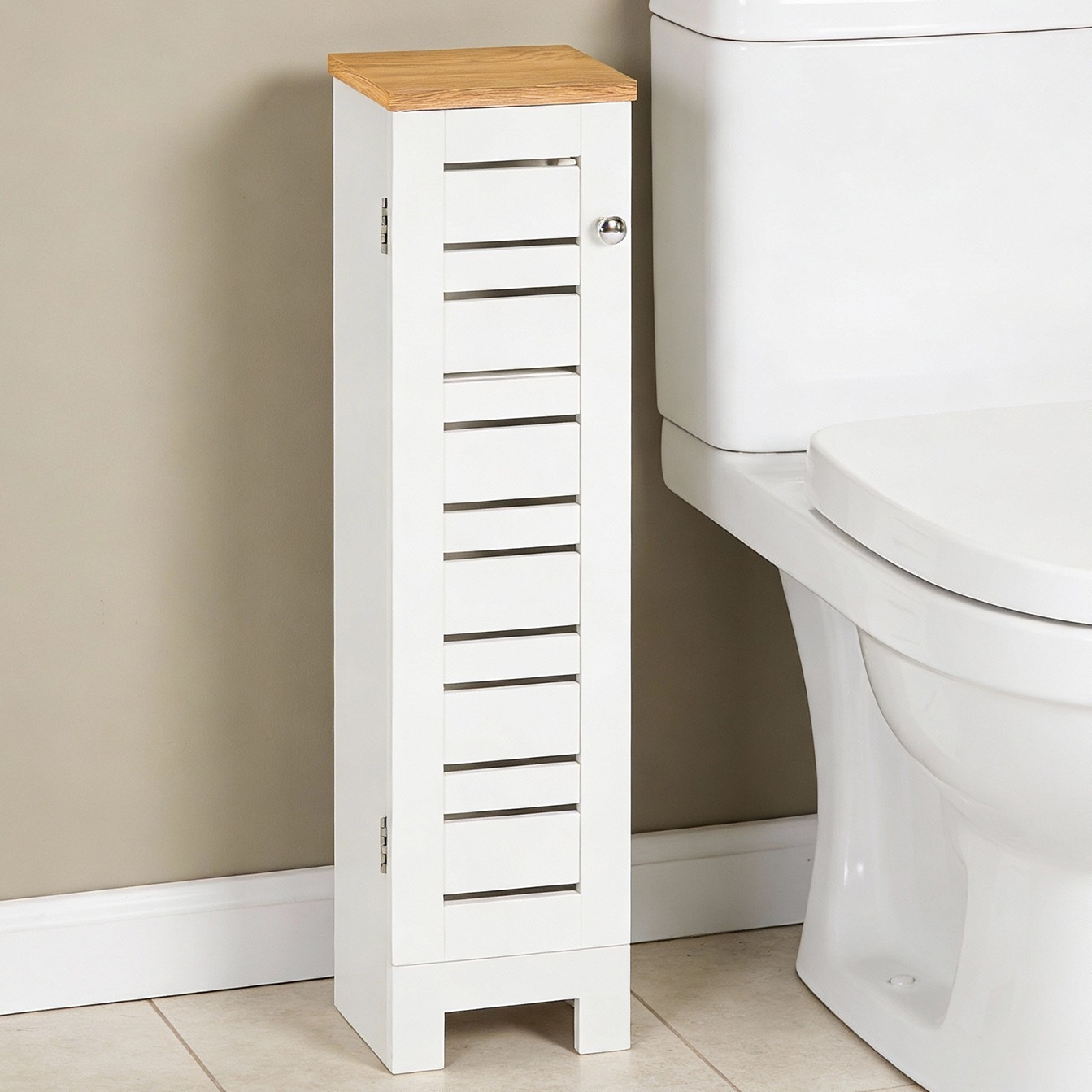 TEMU Armoire de Salle de Bain Étroit pour WC – Meuble Rangement de Place avec Compartiment Papier Toilette et Porte à Lamelles, Meuble WC en MDF à
