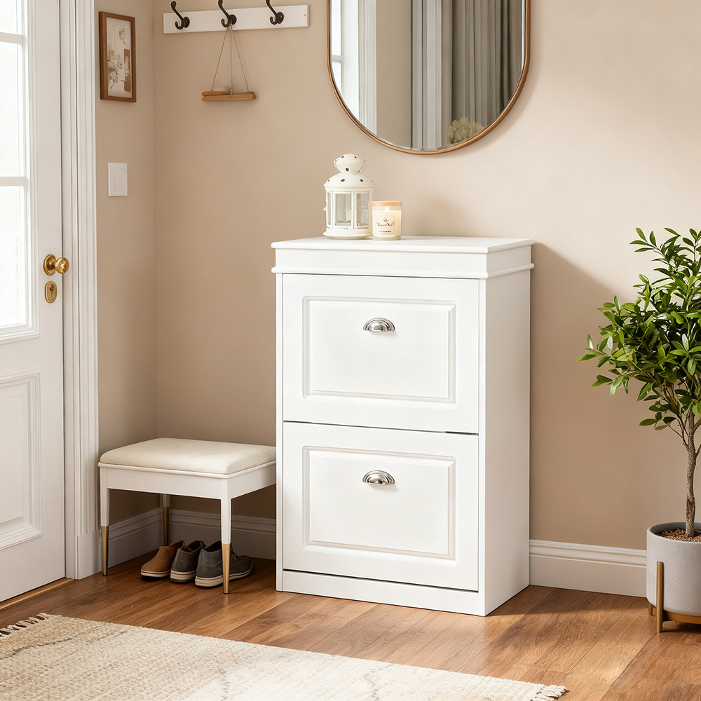 TEMU SoBuy FSR78-W Meuble de Rangement à Chaussures Armoire à Chaussures Commode à Chaussures 2 abattants Meuble d'entrée