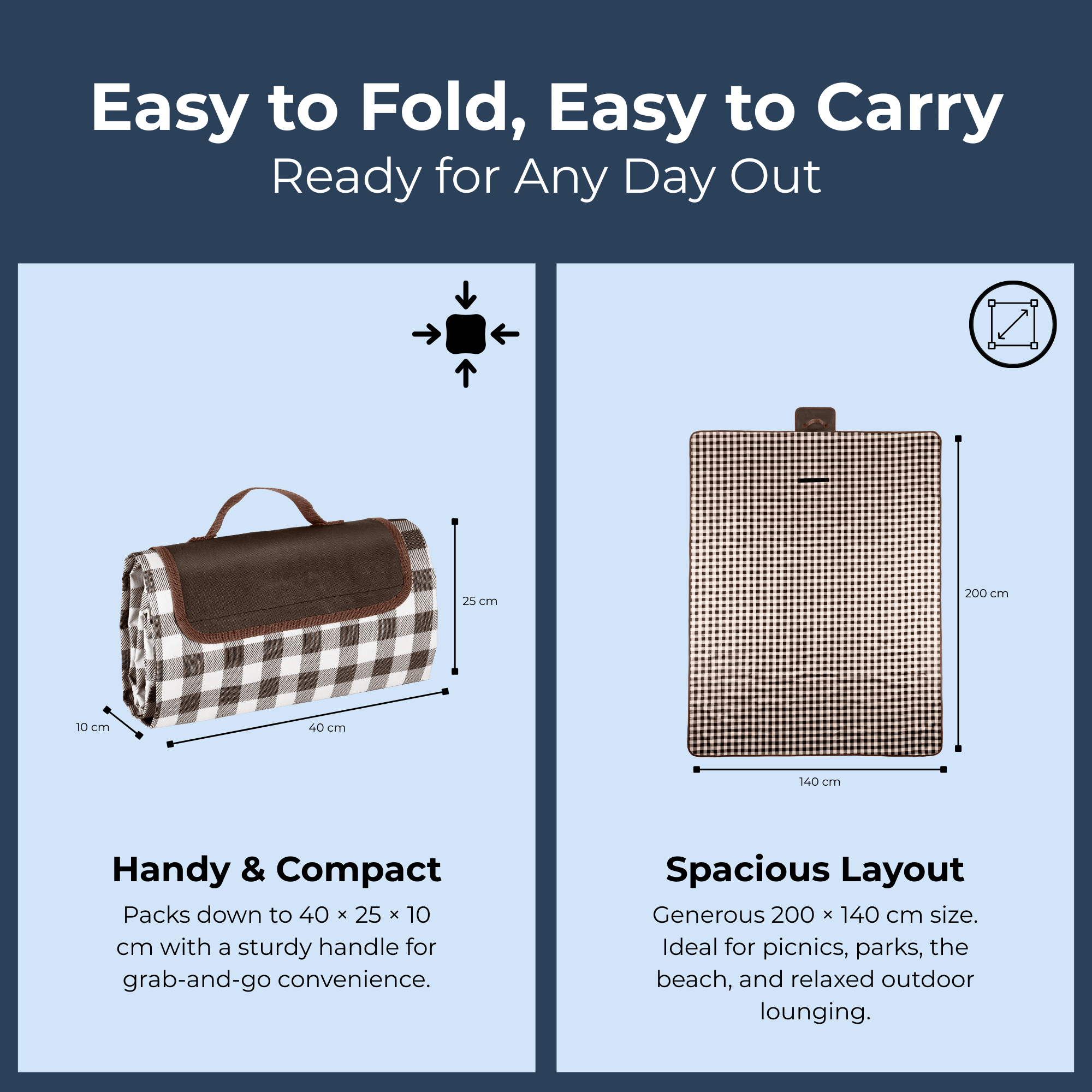 Large Waterproof Picnic Blanket 200x140cm, Foldable Outdoor Mat with Handle