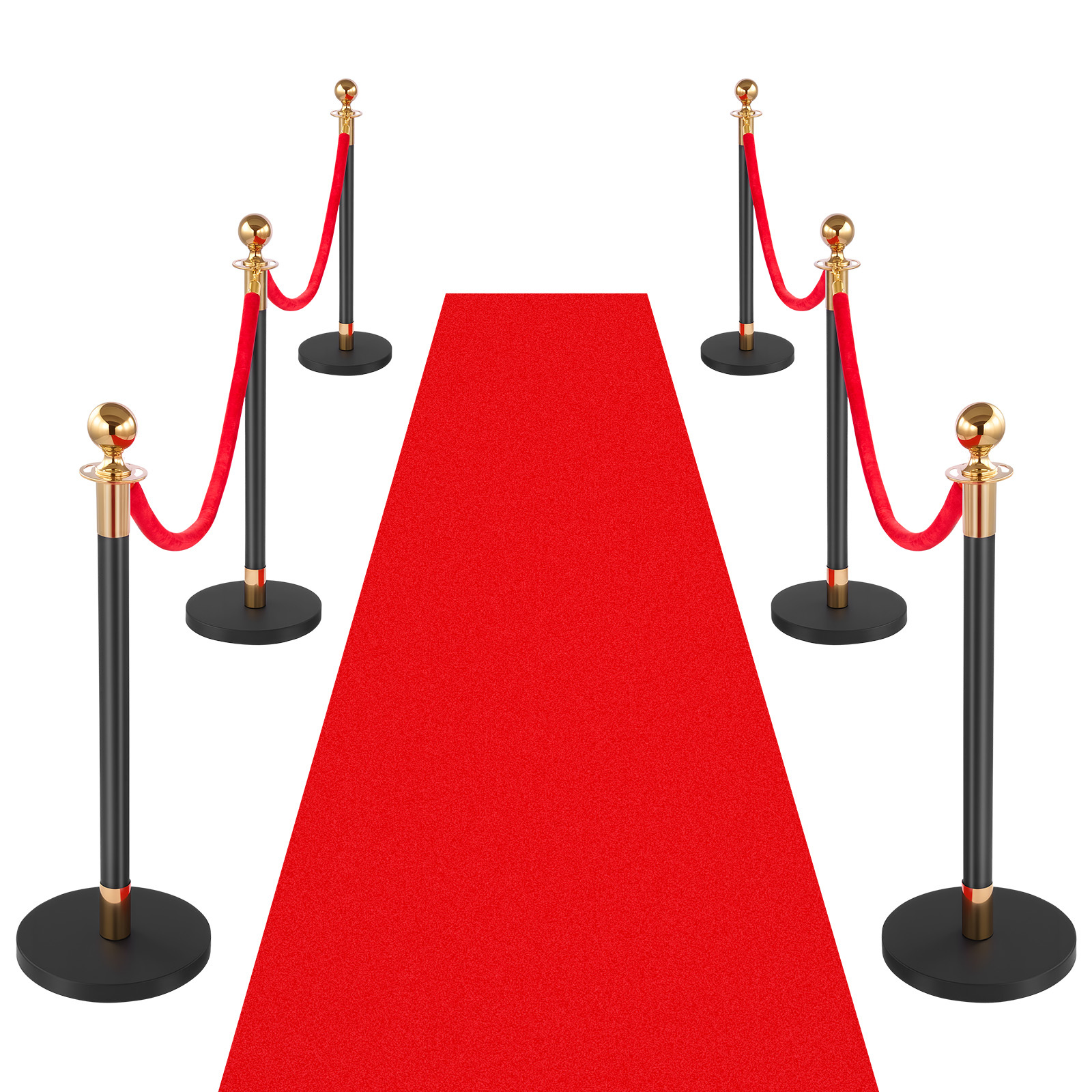Image of Post, 6pcs Barrier Set With Red Carpet, 4 Red Velvet Ropes, Stainless Steel Gold Post Queue With Hollow Base For Theater, Party, Wedding, Exhibition (black)